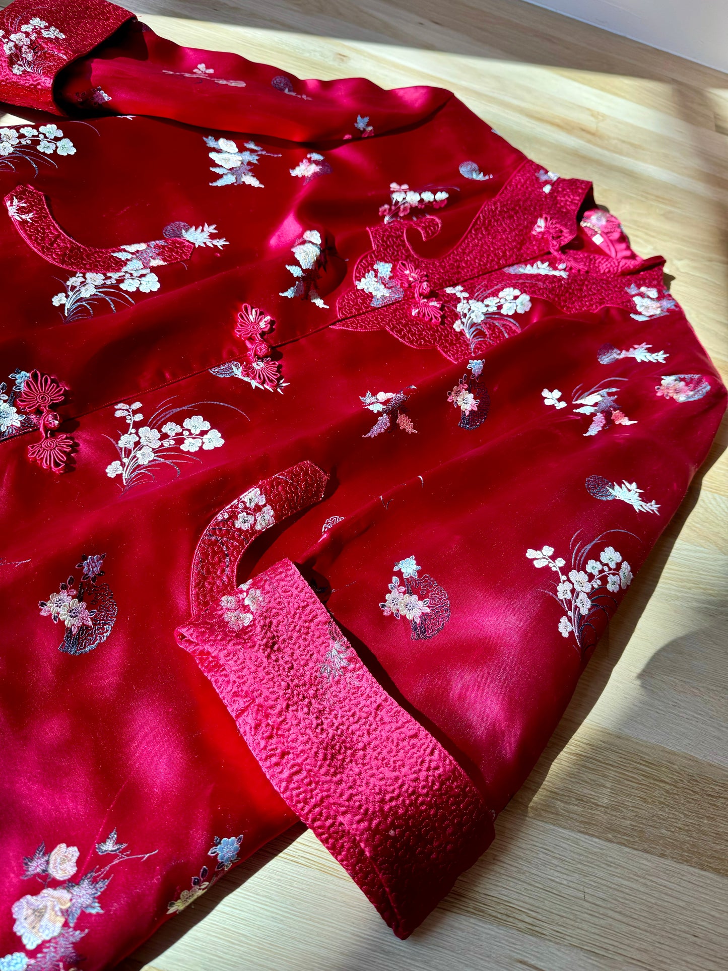 Antique Ruby Red Silk Chinoiserie Duster