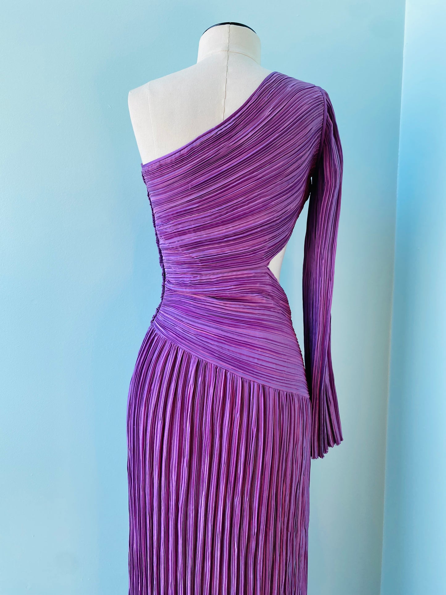 70s Mary McFadden One Shoulder Cut Out Plisse Gown