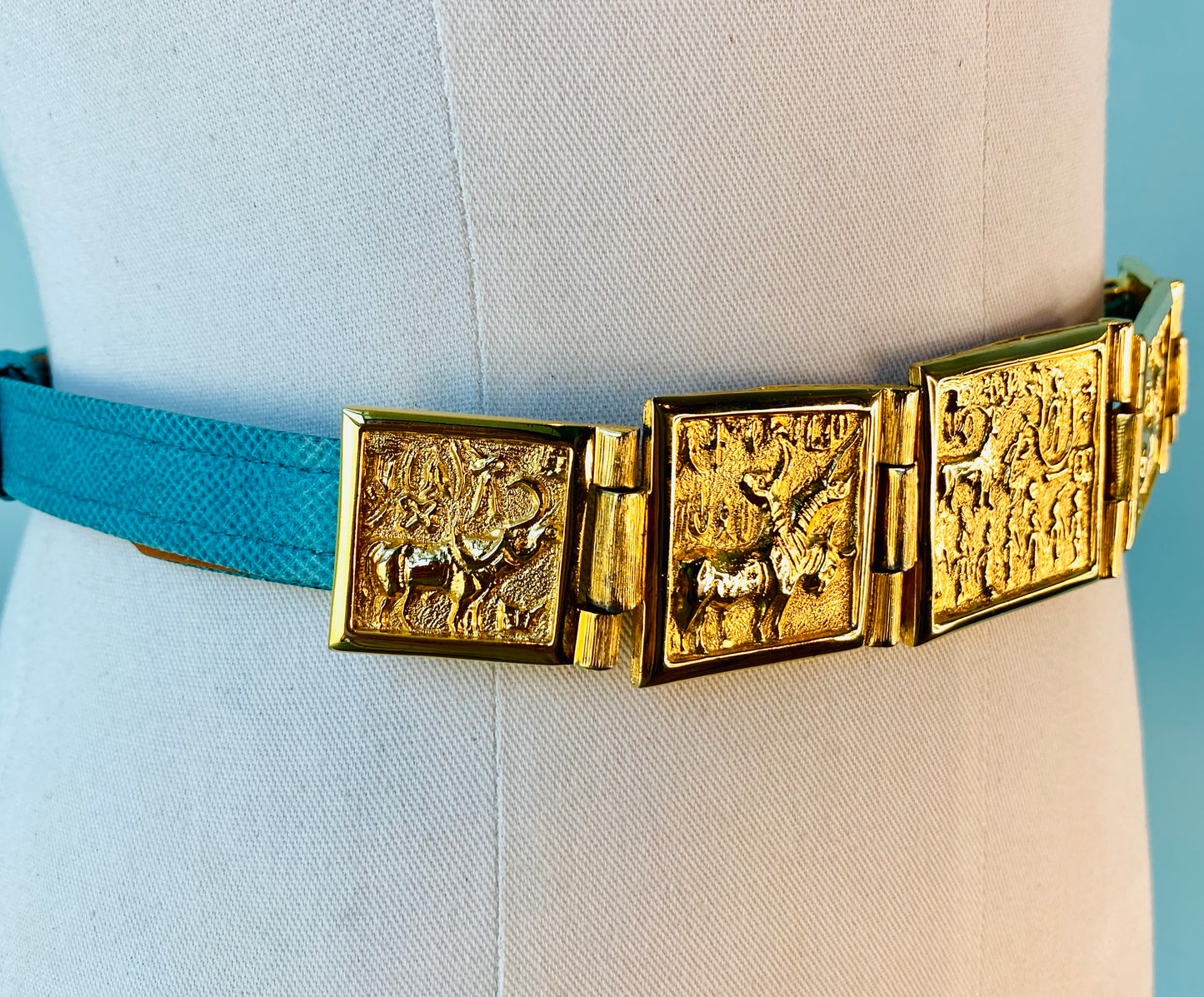 80s Alexis Kirk 24k Gold Plated Brass Buckle Turquoise Blue Reptile Adjustable Skinny Belt