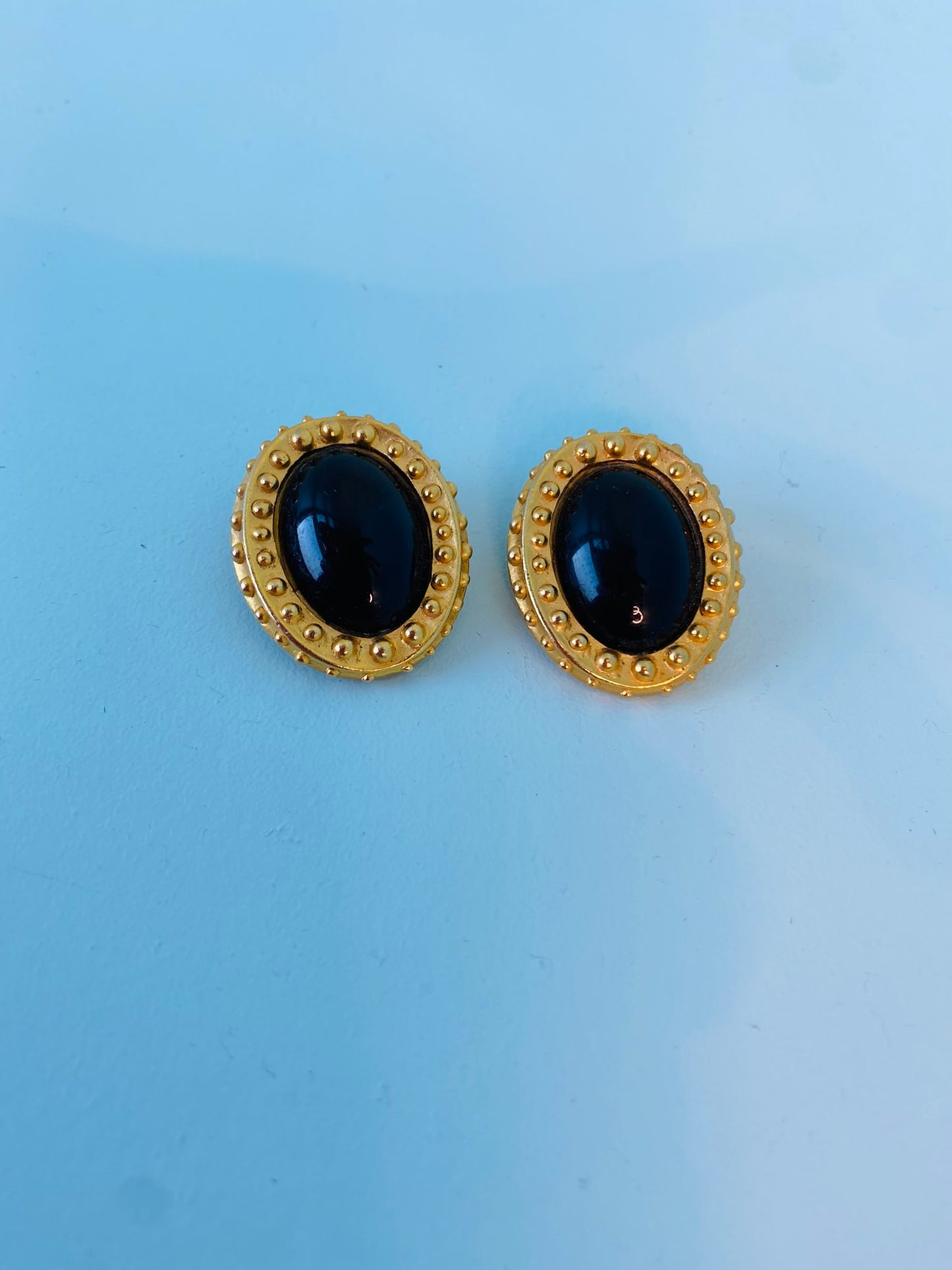 Vintage Matte Gold Plated Black Cabochon Statement Earrings