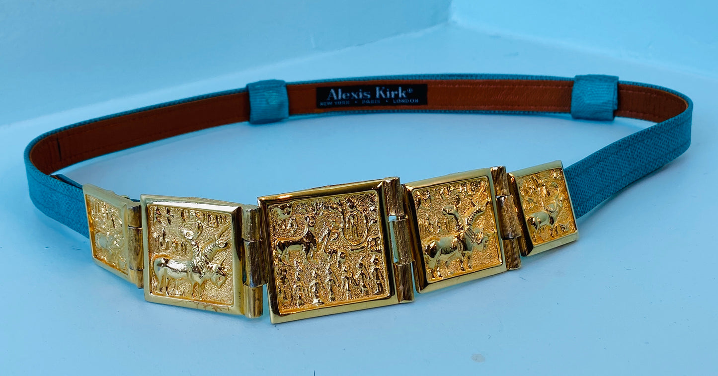 80s Alexis Kirk 24k Gold Plated Brass Buckle Turquoise Blue Reptile Adjustable Skinny Belt