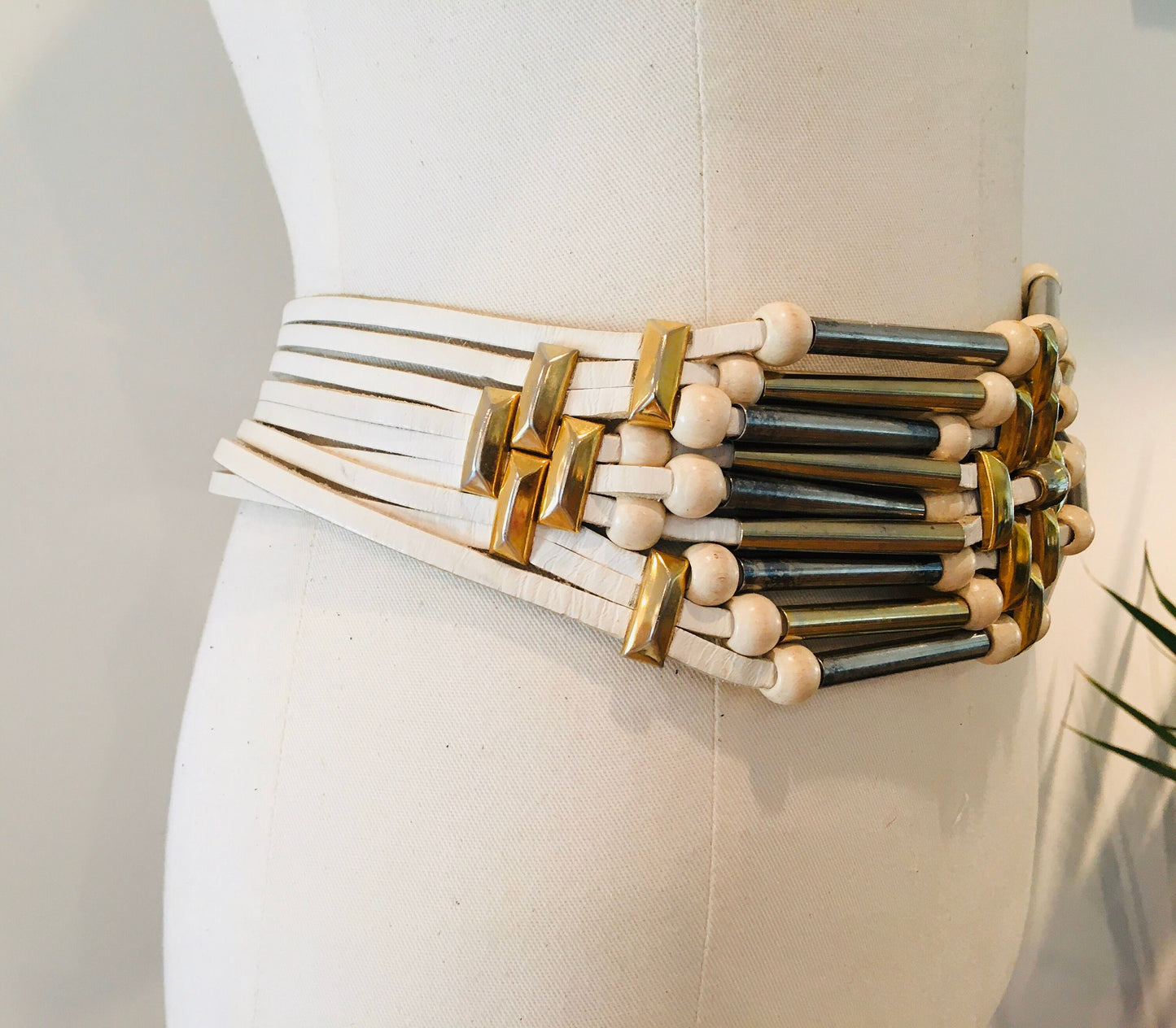 Vintage White Leather Punk Rock Belt / Metal Belt / Hip Hugger / Oversized Leather Belt