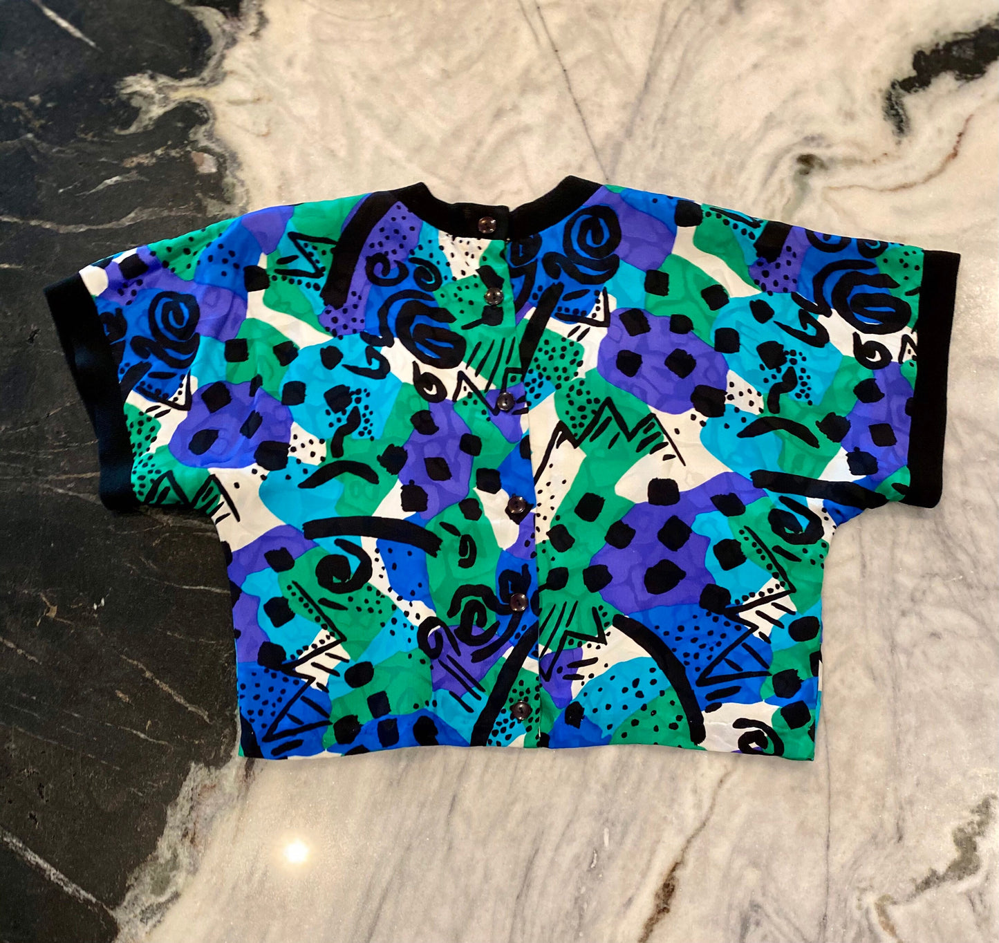 80s Adrianna Papell Silk Gauchos Cropped Short Sleeve Set / Graphic Blue Green Black and White Ensemble/ Wide leg High Waist Cropped Top