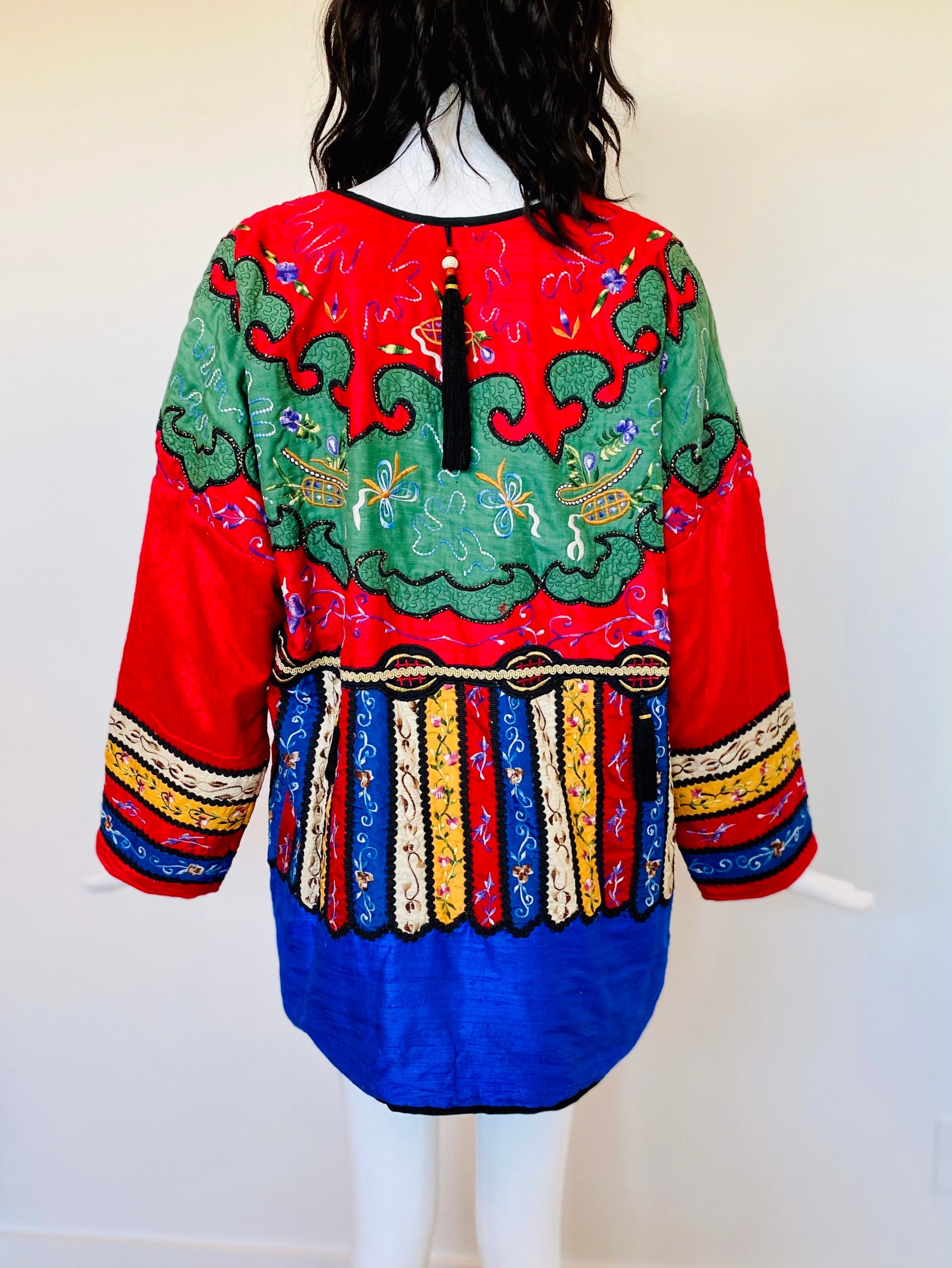 Rare Judith Ann Exclusive Raw Silk Embroidered Colorful Patchwork Swing Jacket Made in India