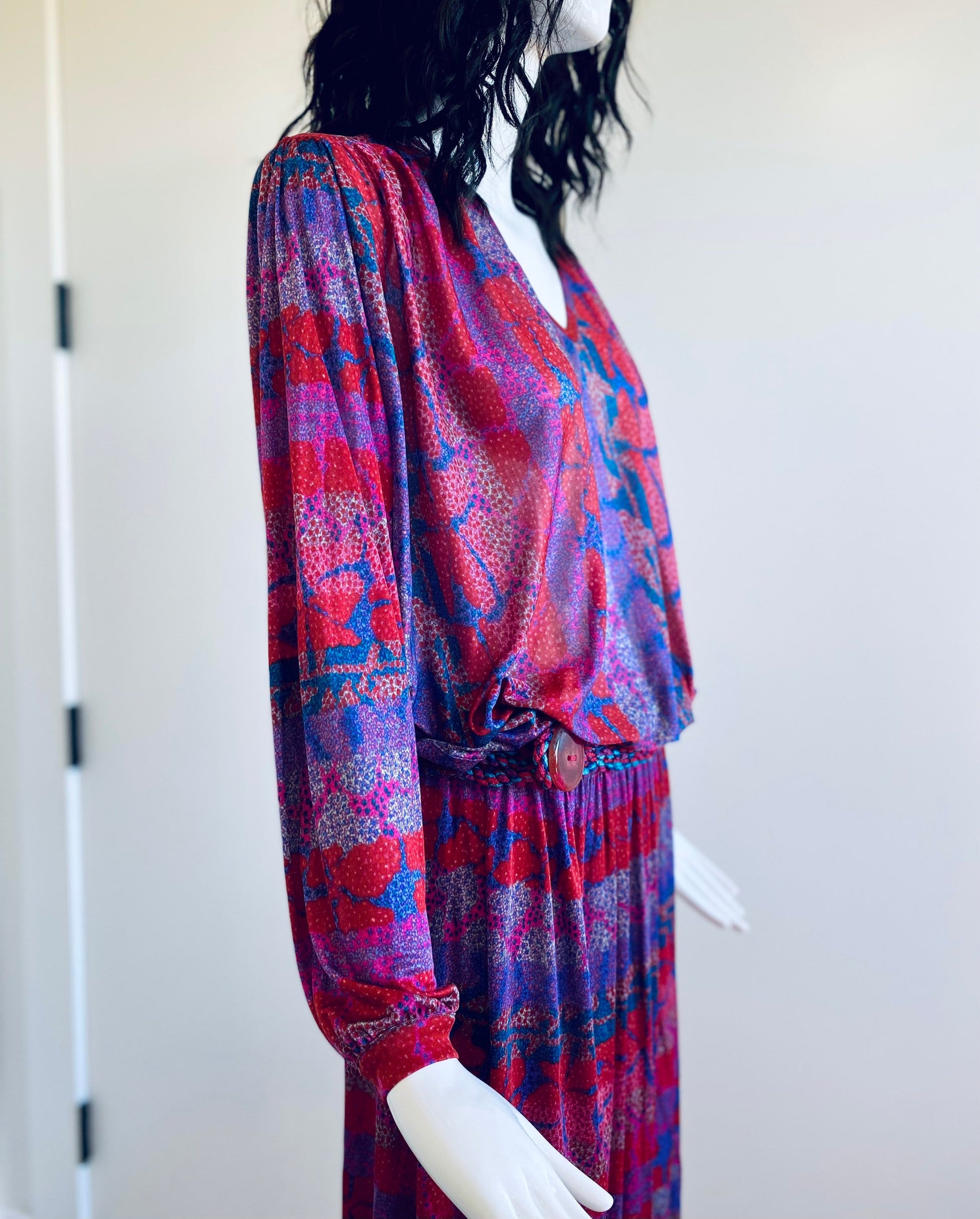 Small MISSONI 70s Silk Jersey Jewel Tones Bat Wing Sleeves Disco Drop Waist Dress Sexy Deep V Neck with Braided Belt