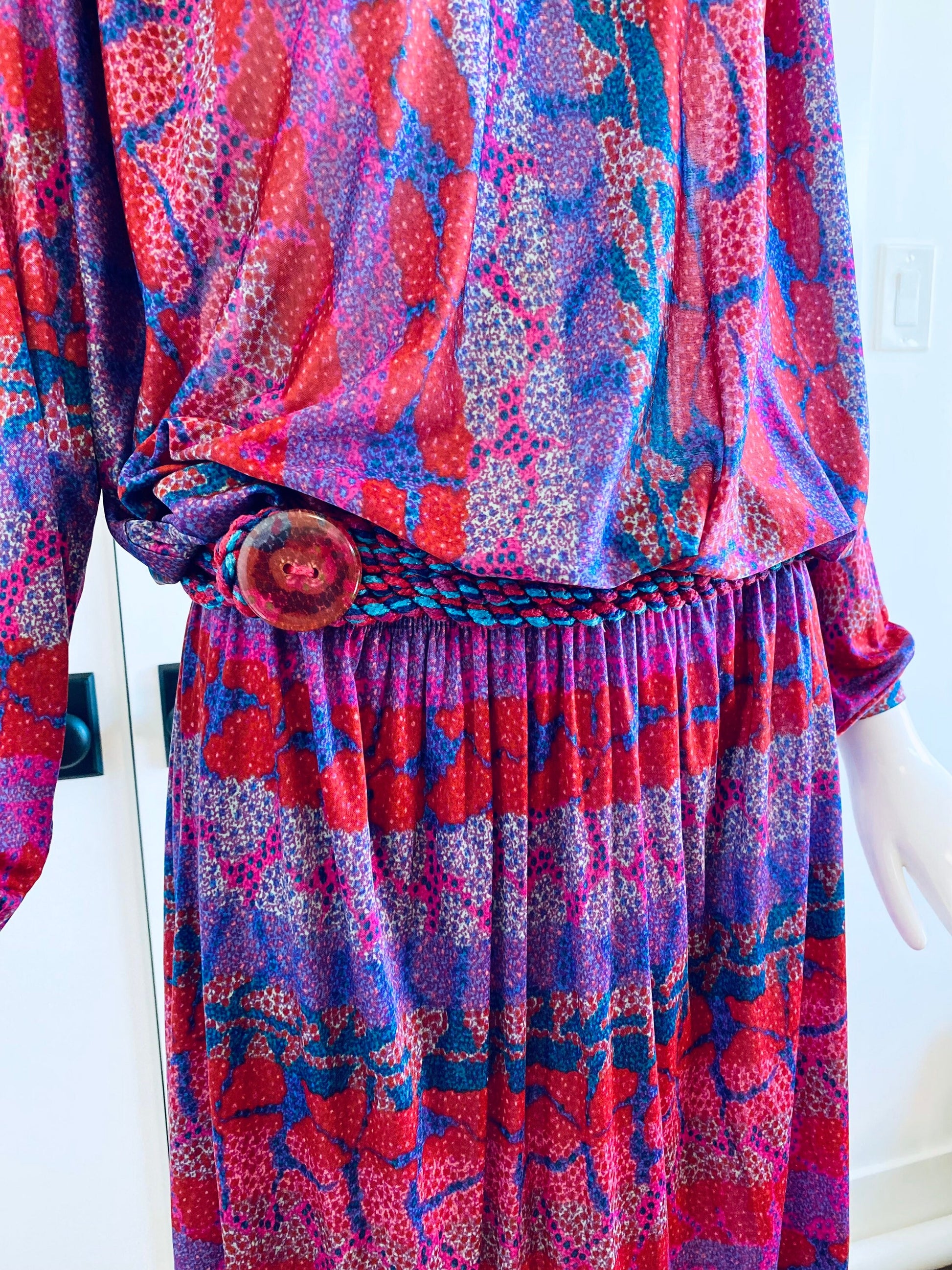 Small MISSONI 70s Silk Jersey Jewel Tones Bat Wing Sleeves Disco Drop Waist Dress Sexy Deep V Neck with Braided Belt