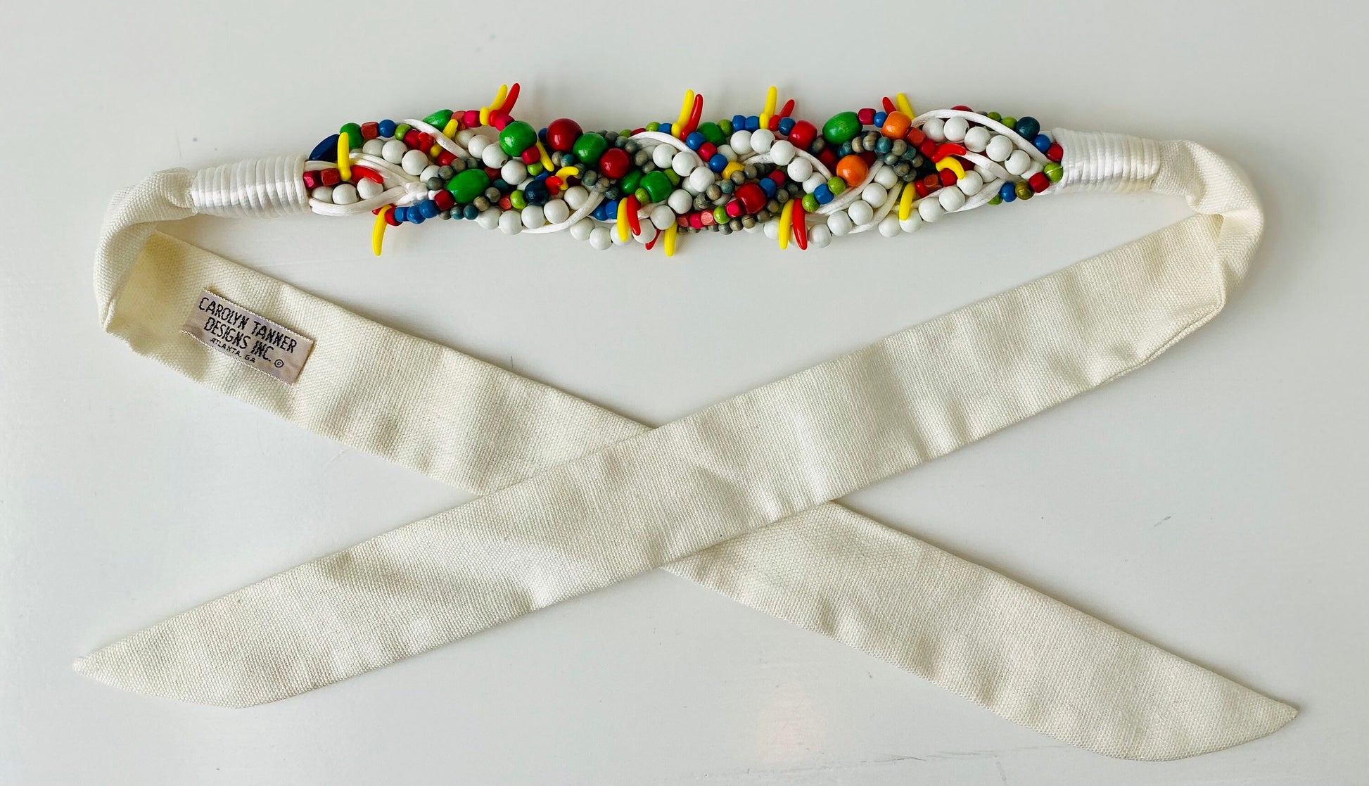 80s Designer Statement Multi Color Beaded White Sash Belt