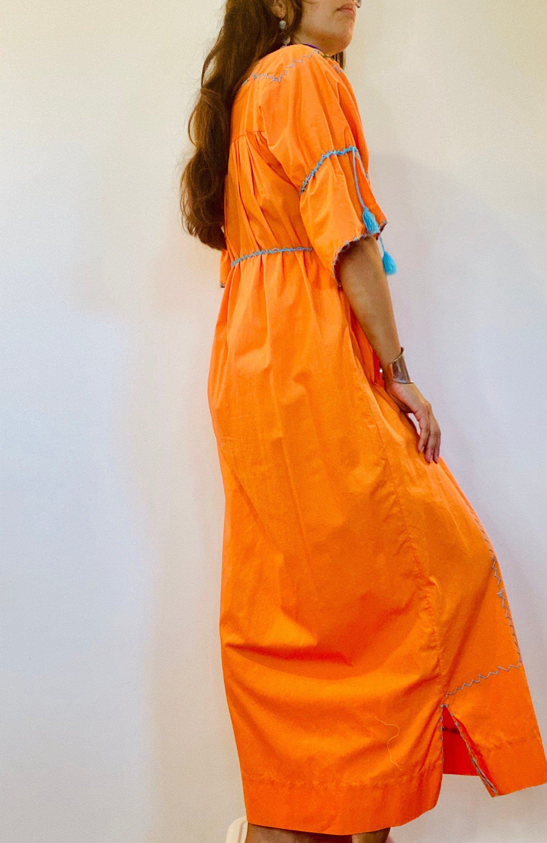 70s Orange Traditional Mexican Cotton Embroidered Maxi Caftan Dress Bell Sleeves