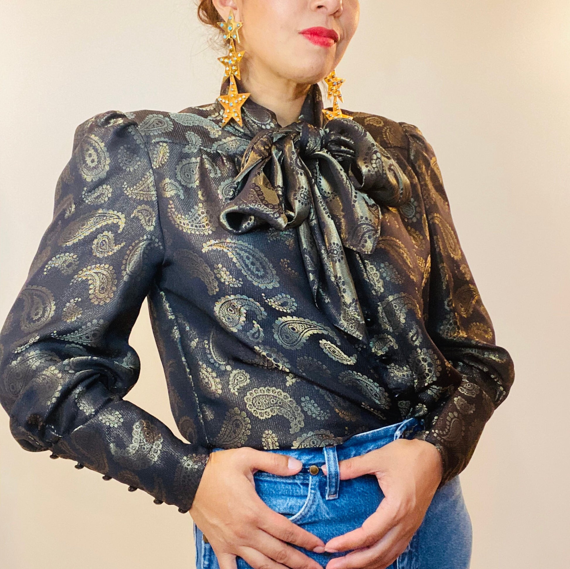 Vintage Nina RICCI Black and Gold Silk/Lurex Blend Brocade Paisley Print Blouse with Puffy Dramatic Sleeves Cuffs Bow Necktie Made in France