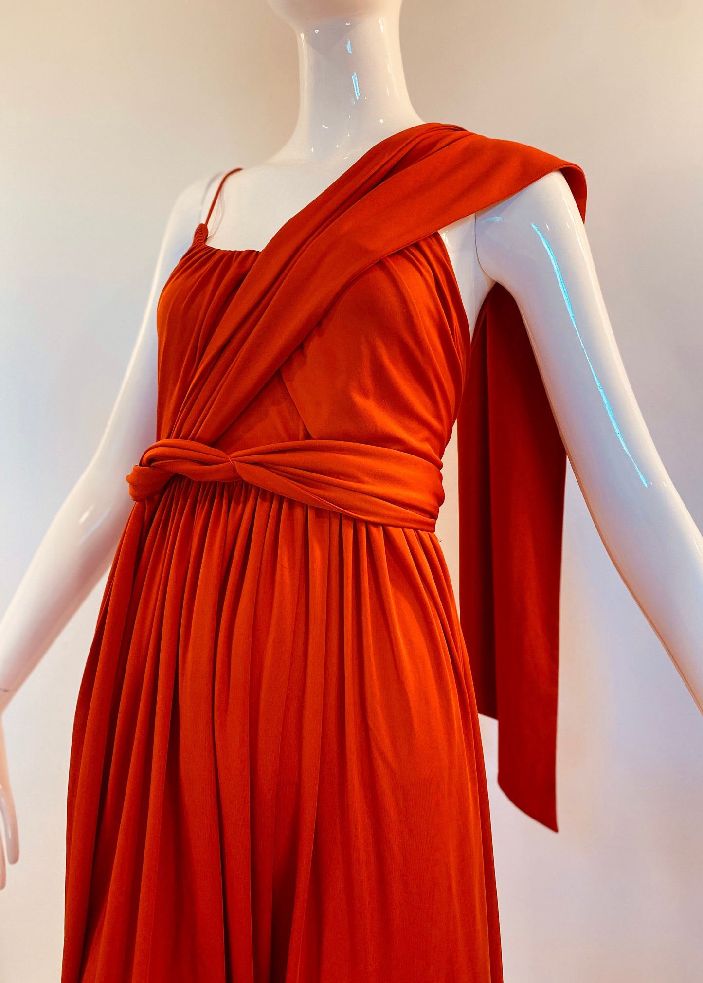 70s Donald Brooks Burned Orange Jersey Sashed Grecian Disco Gown