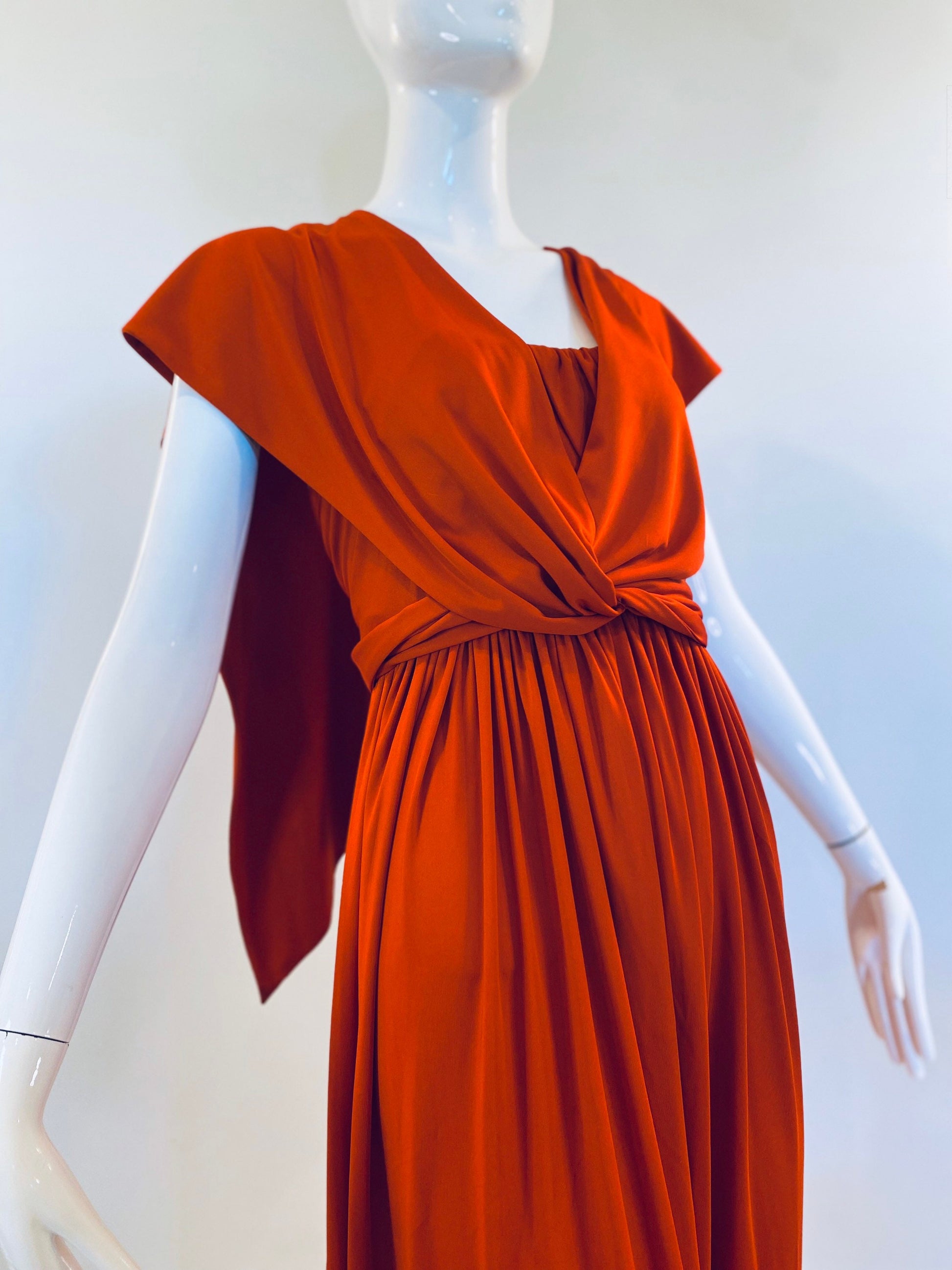 70s Donald Brooks Burned Orange Jersey Sashed Grecian Disco Gown