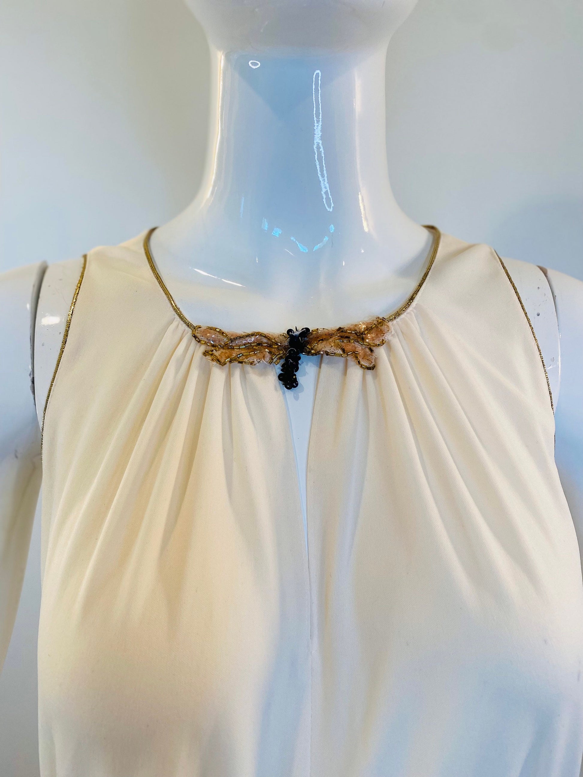 70s OOAK Ivory and Gold Grecian Disco Dress Gown and Sash Ensemble