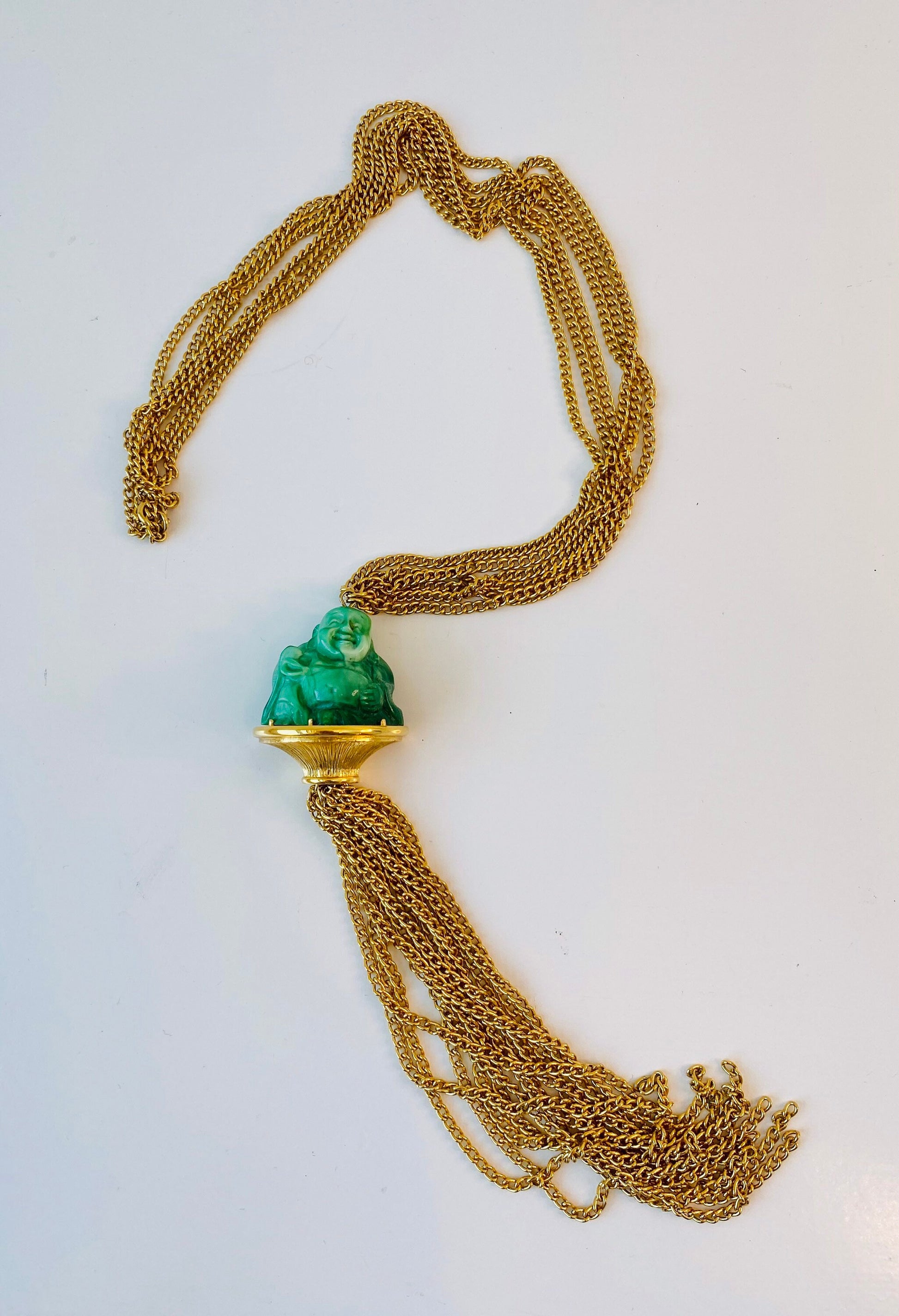 Vintage Pauline Trigere signed Buddha Pendant Gold Chain Statement Necklace