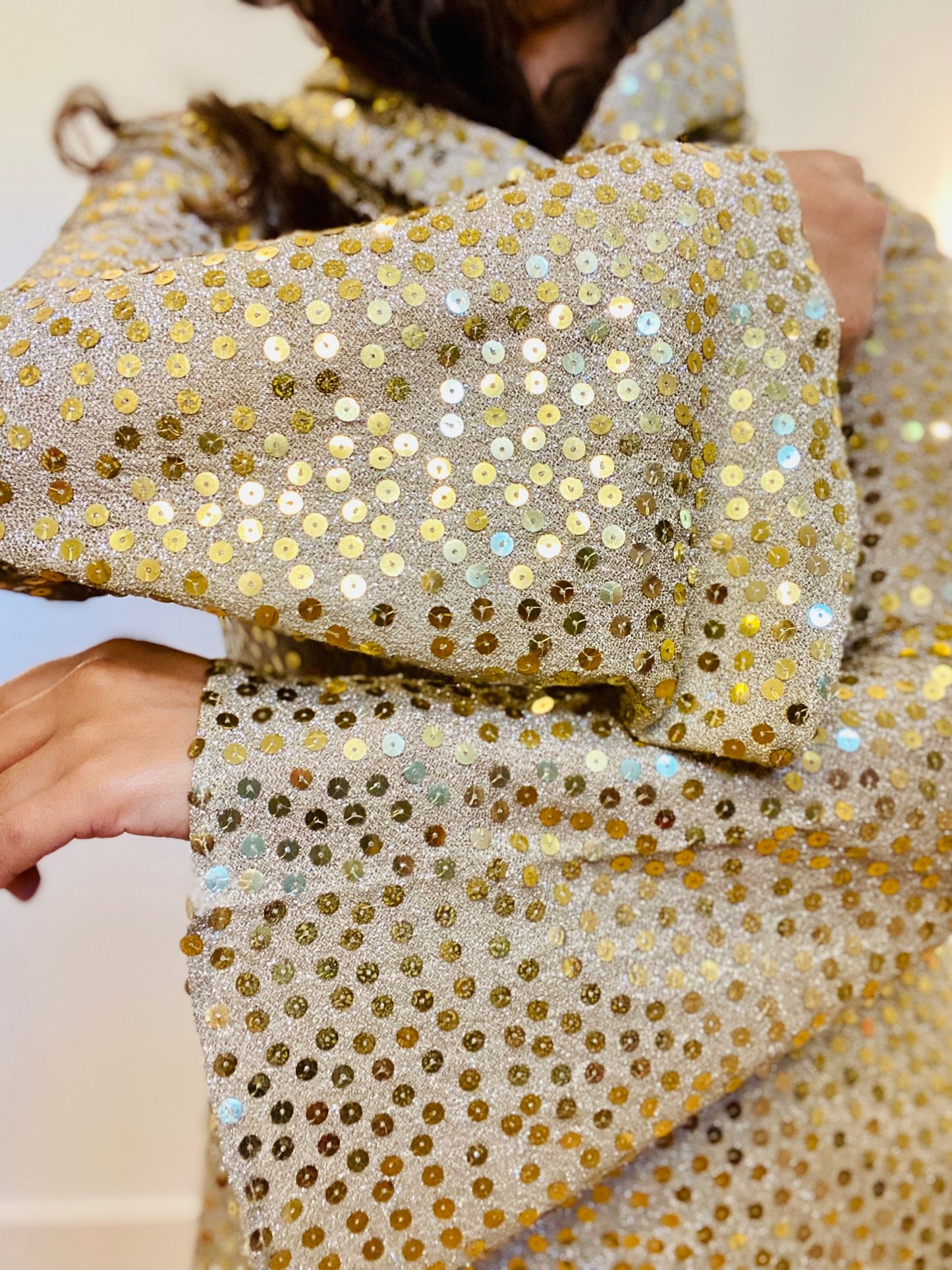 Mollie PARNIS for I MAGNIN Late 60s Disco Queen Gold Lurex Jersey Trumpet Angel Sleeves Tunic Palazzo Bell Bottoms Pants and Shawl Ensemble