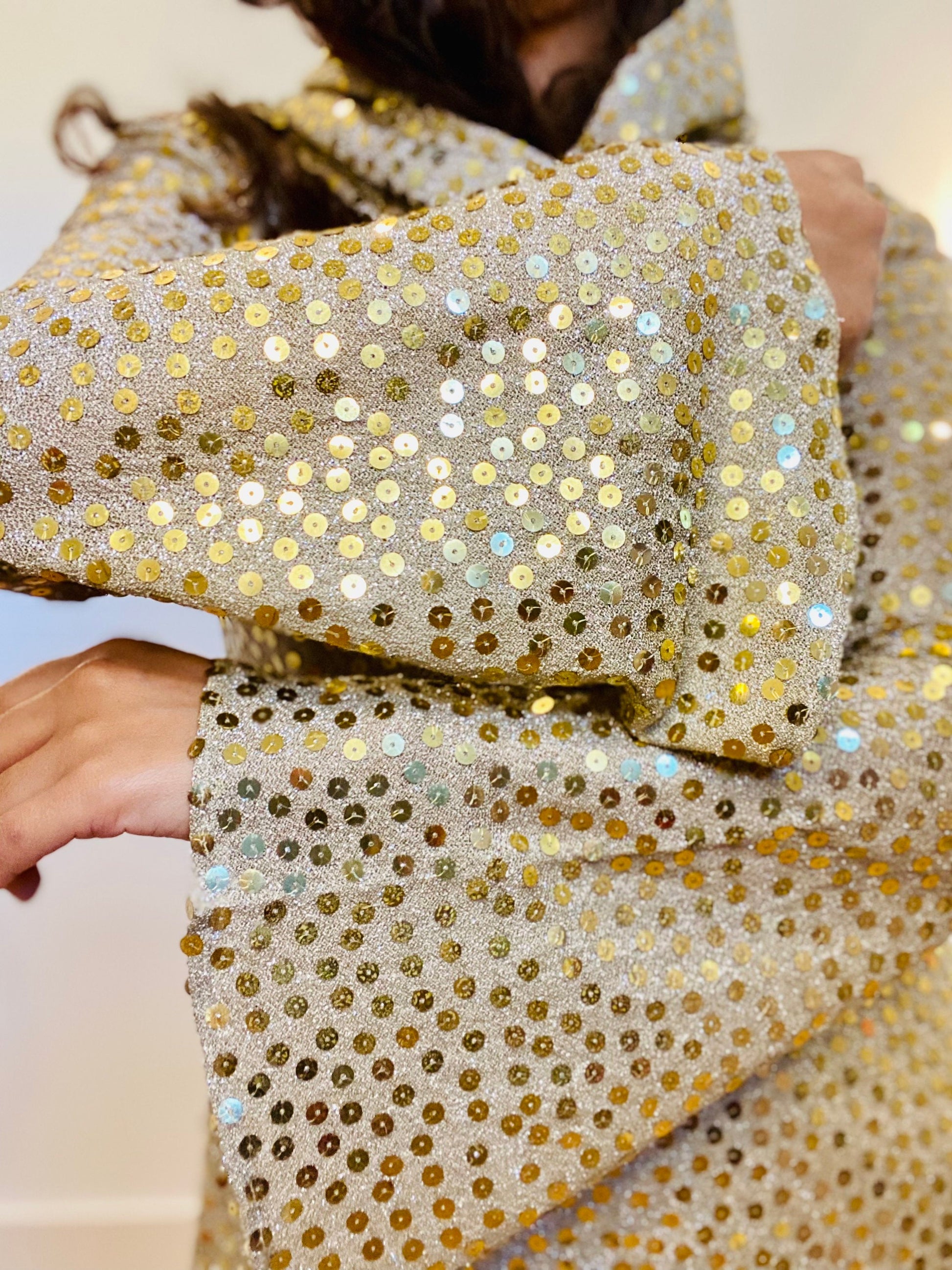 Mollie PARNIS for I MAGNIN Late 60s Disco Queen Gold Lurex Jersey Trumpet Angel Sleeves Tunic Palazzo Bell Bottoms Pants and Shawl Ensemble