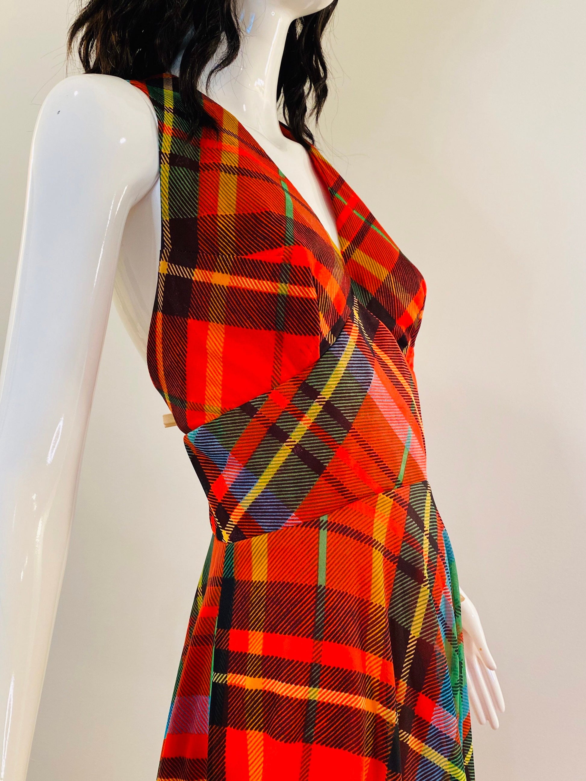 70s Coco of California Red Plaid Maxi Halter Dress