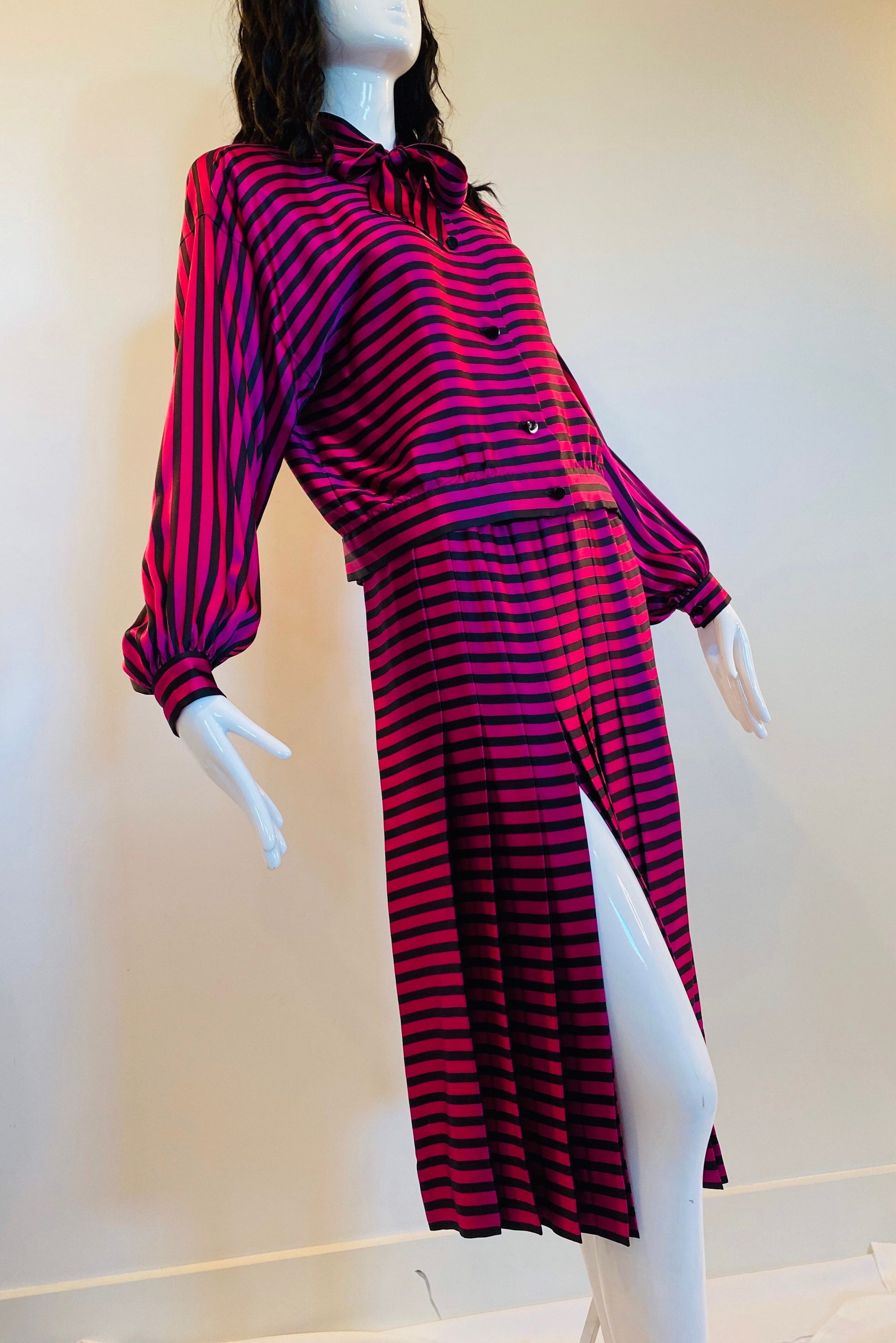 80s Magenta and Black Stripes Silk Pleated High Slit Skirt And Pussy Bow Blouse Ensemble Set