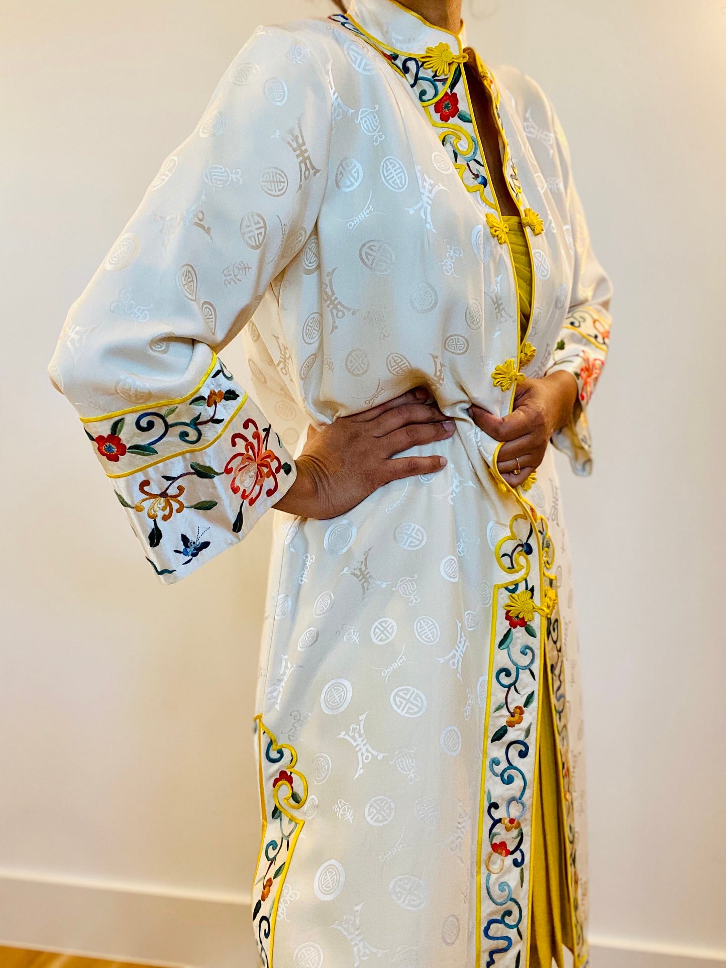 40s Rare Silk Cream and Yellow Chinoiserie Fancy Long Jacket / Multi Color Embroidered Silk Jacket Dress / Hostess Dressing