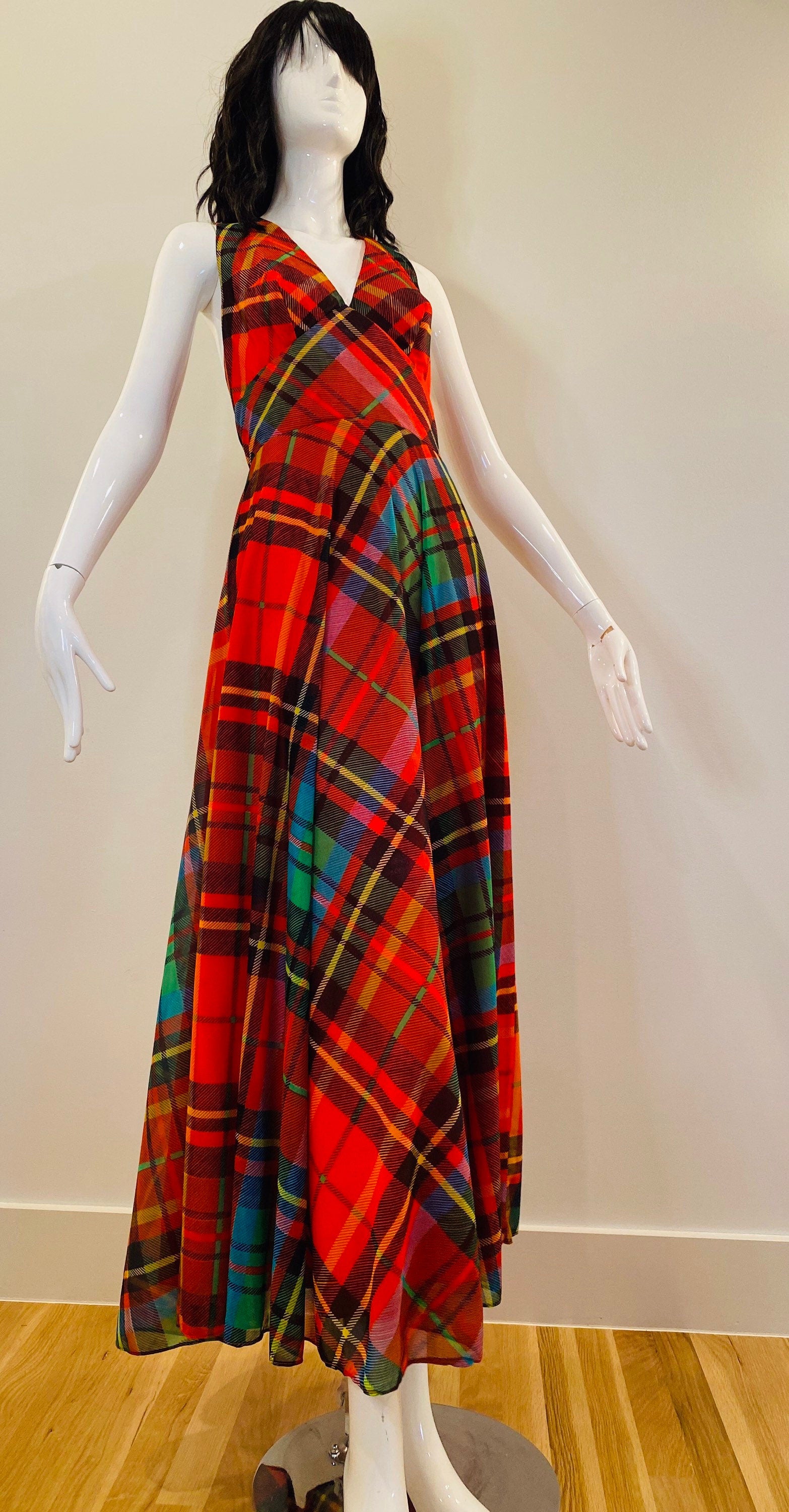 70s Coco of California Red Plaid Maxi Halter Dress