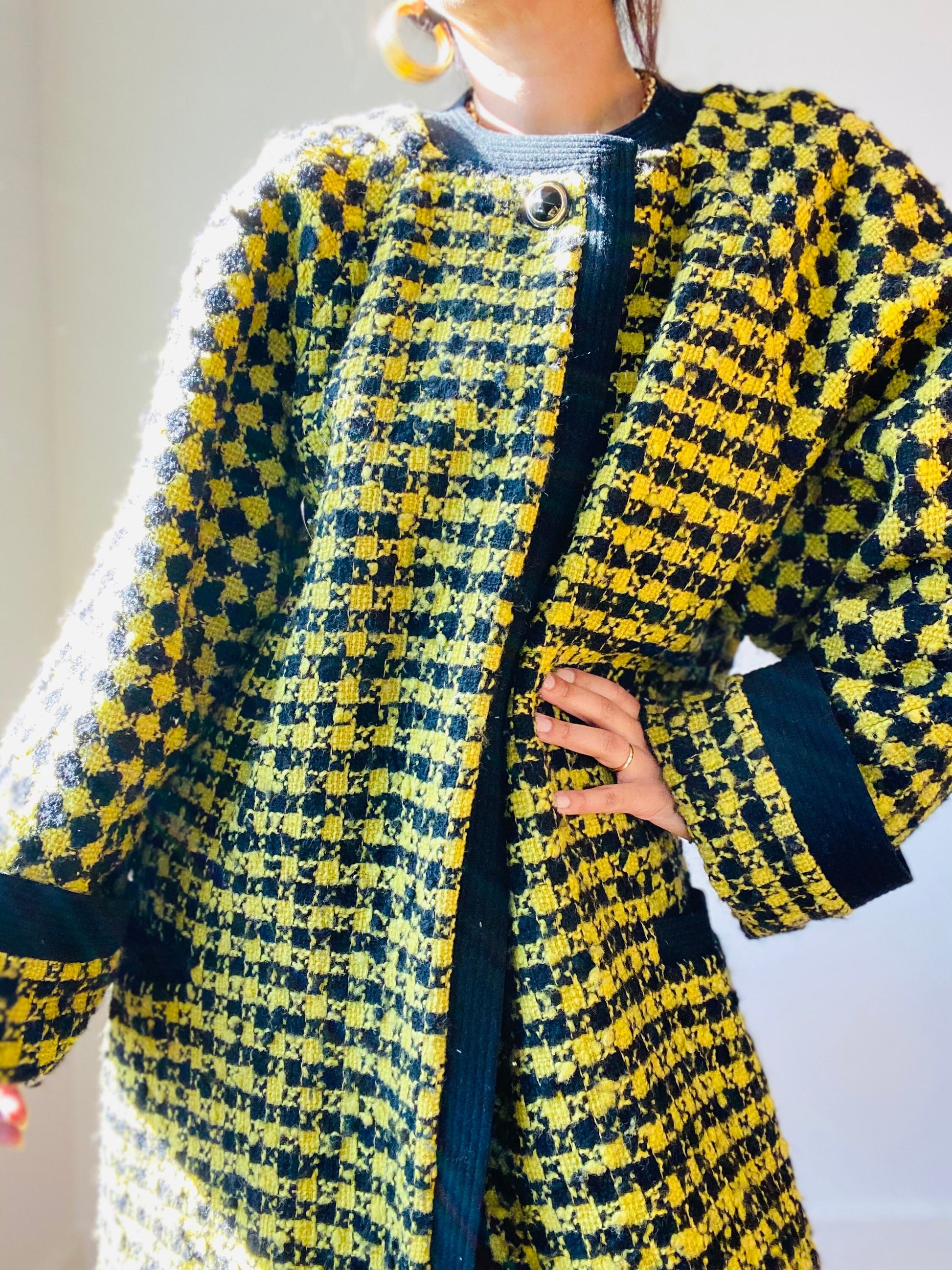 90s Versace Couture Runway Black and Yellow Houndstooth Wool Boucle Tweed Swing Coat