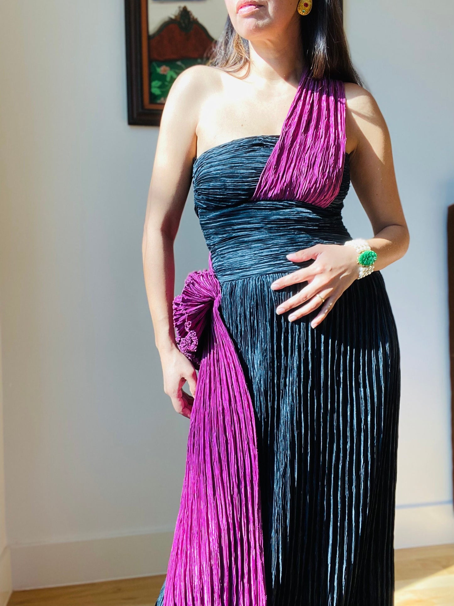 Early 80s Mary McFadden for Neiman Marcus One Shoulder Pleated Goddess Gown Fortuny Plisse