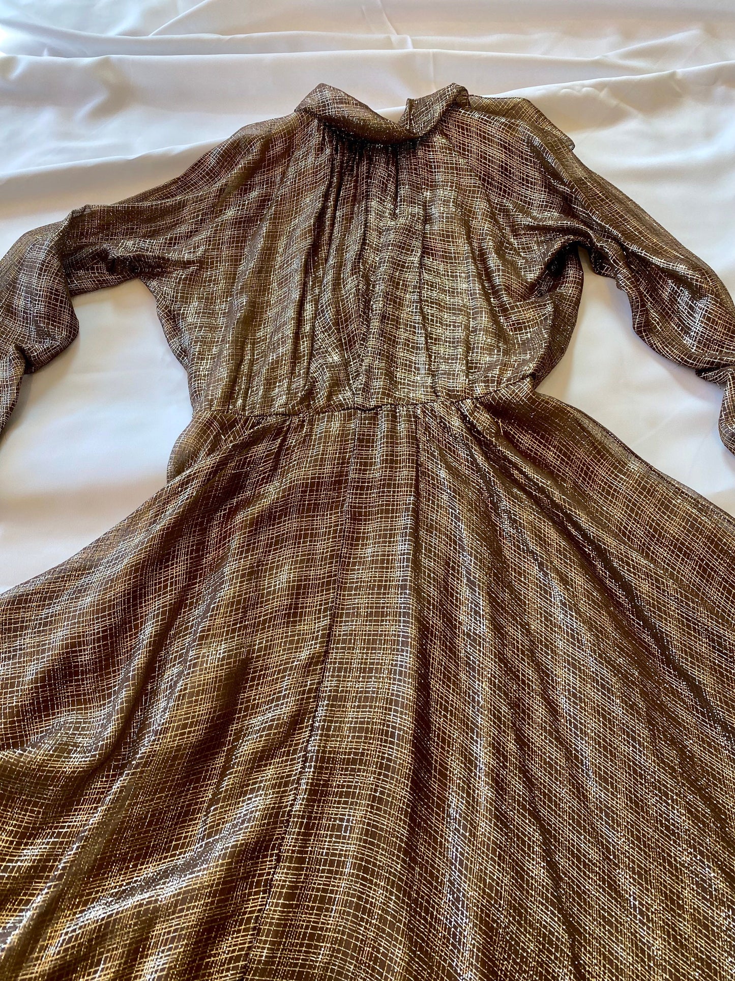 Pauline Trigere Silk Bronze Gold Lame Above the Knee Dress and Belt Ensemble