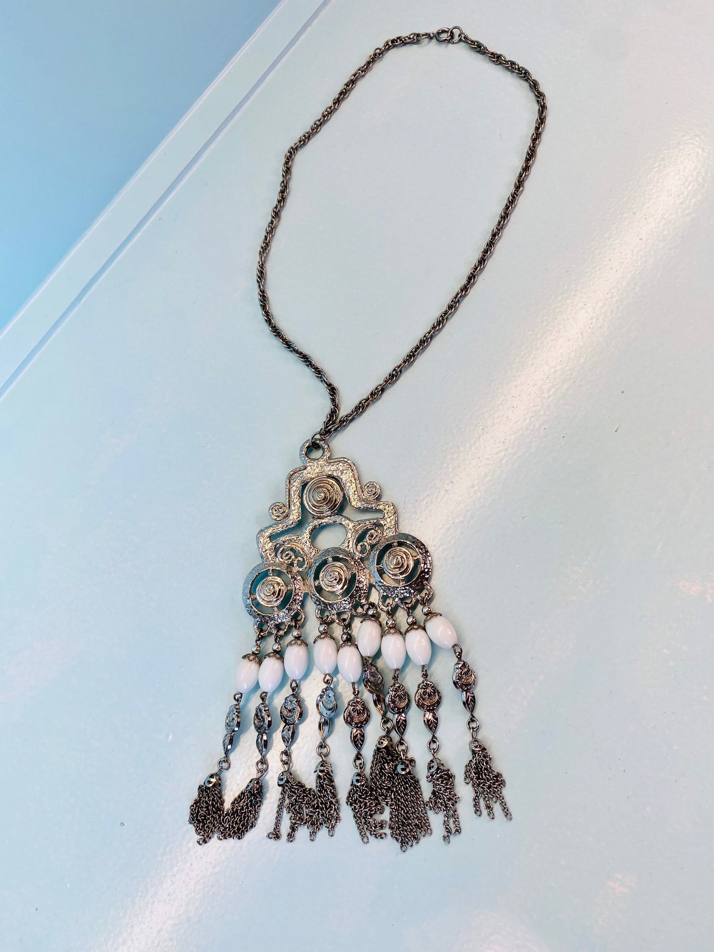 60s Silver Bohemian Egyptian Revival Statement Pendant Necklace