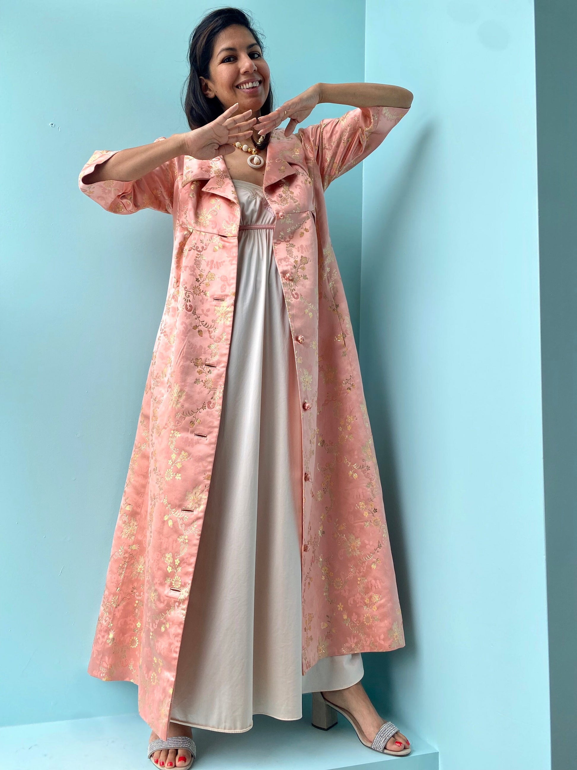 1950s Neiman Marcus Hong Kong Silk Pink and Gold Brocade Collard Button Down House Coat Dress