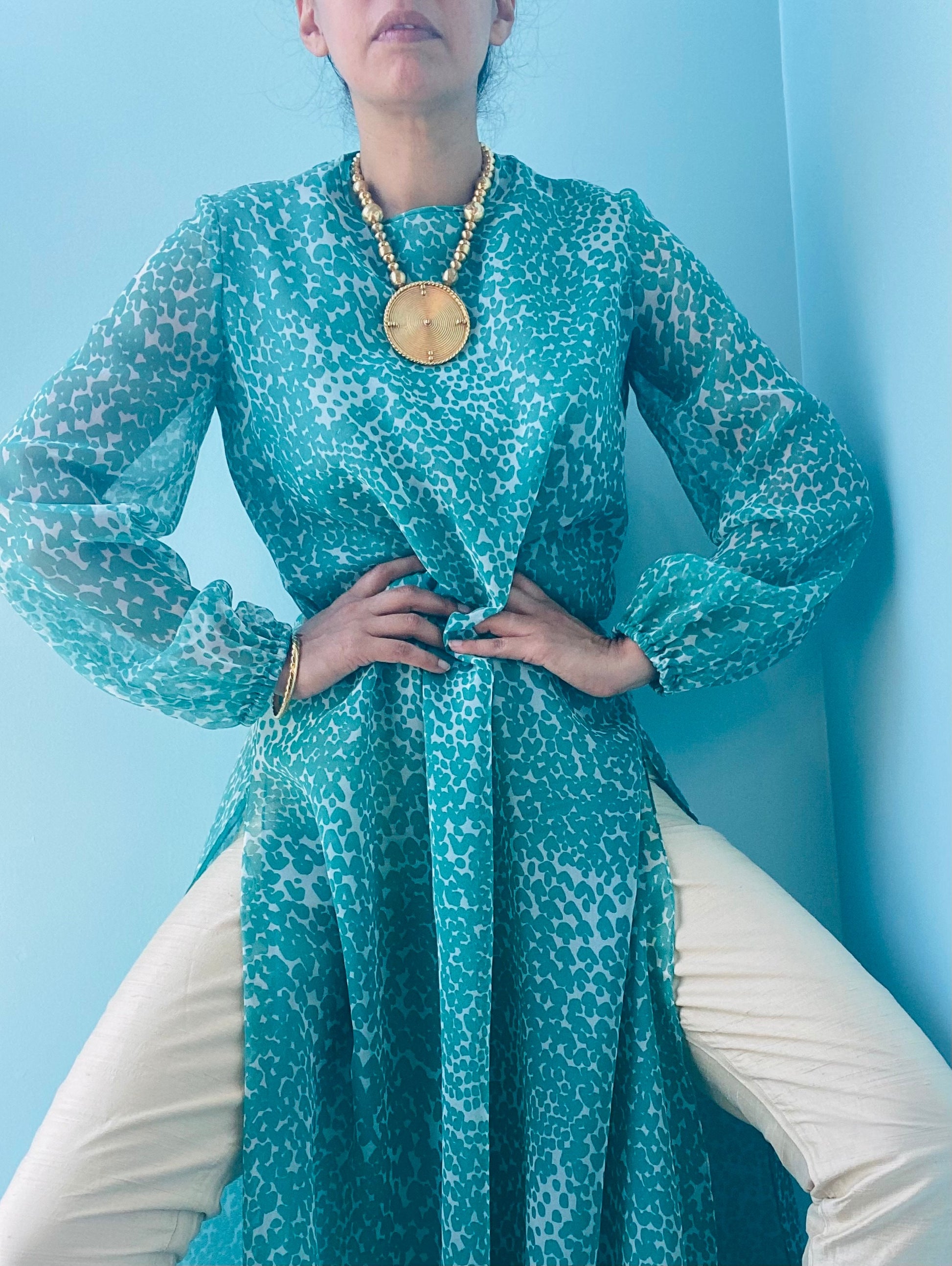 70s Albert Capraro Green Printed Chiffon Tunic Maxi Dress Balloon Sleeves