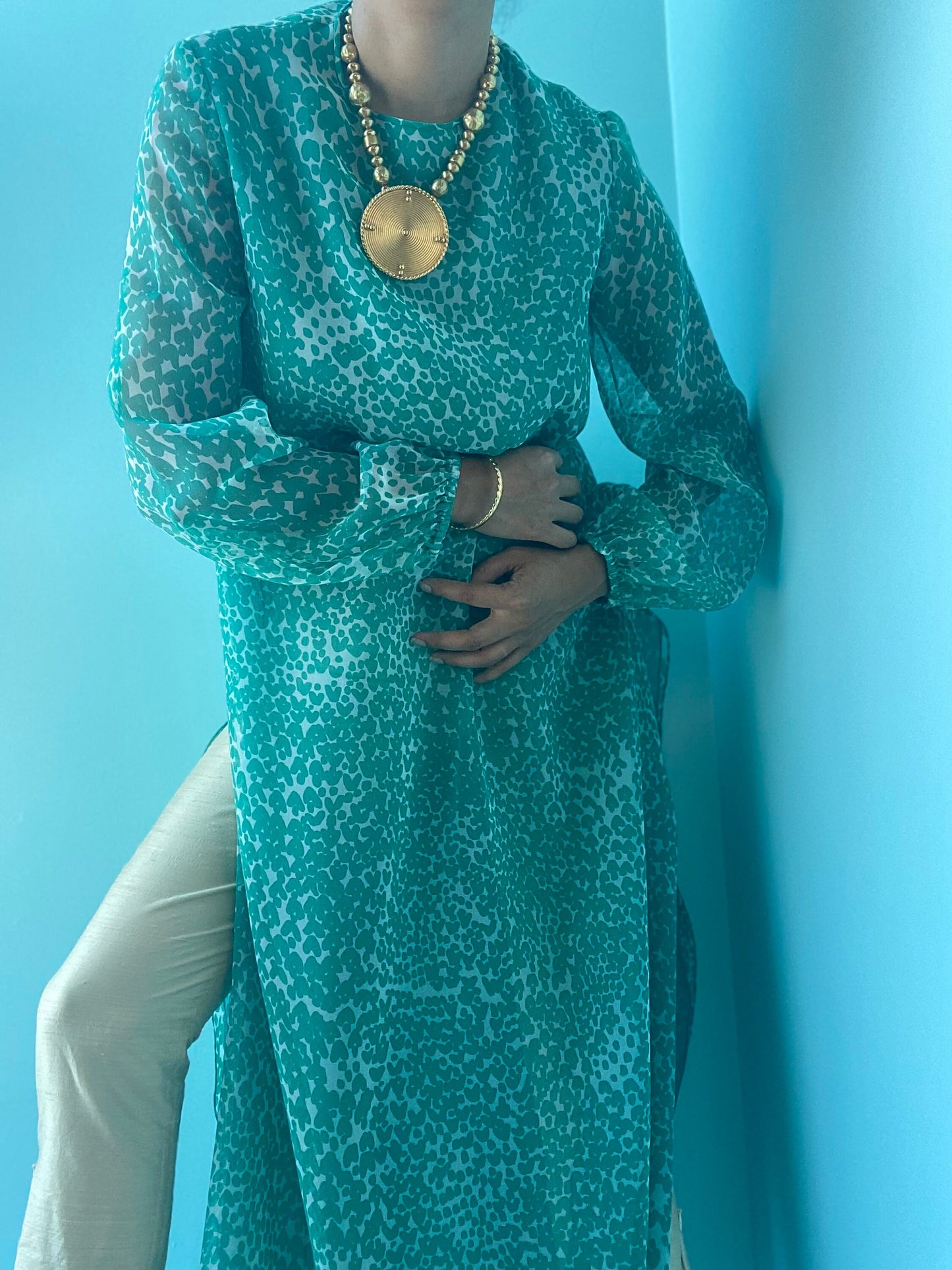 70s Albert Capraro Green Printed Chiffon Tunic Maxi Dress Balloon Sleeves