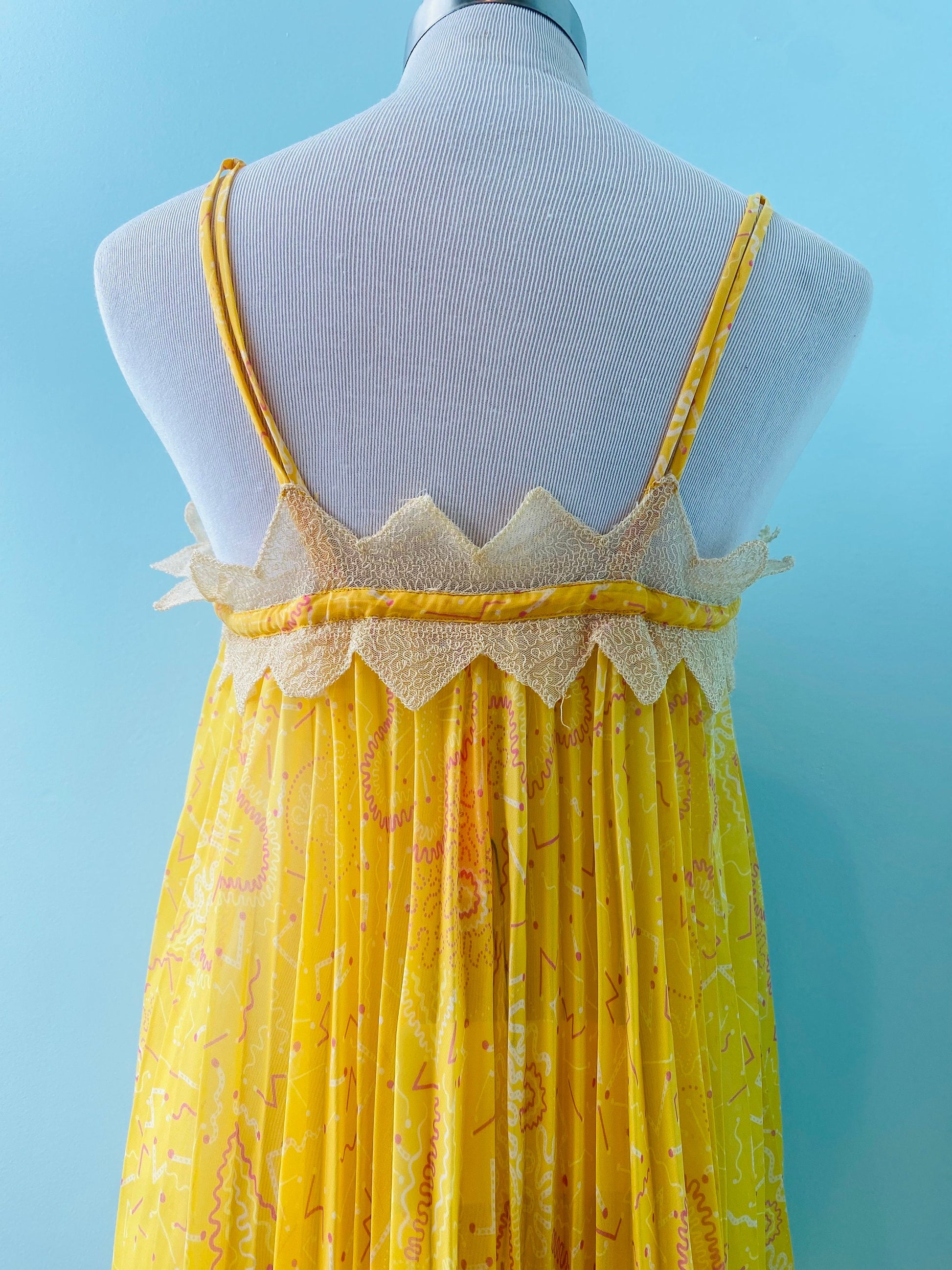 70s Zandra RHODES Yellow Pleated Lace Trimmed Tent Slip Dress