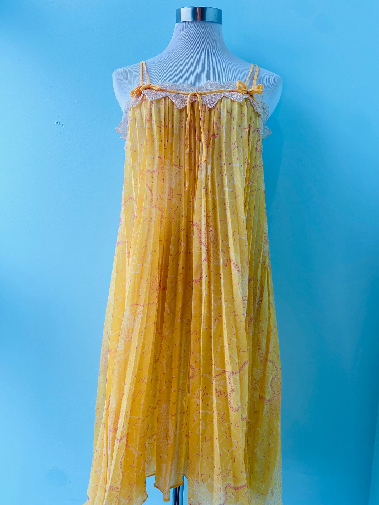 70s Zandra RHODES Yellow Pleated Lace Trimmed Tent Slip Dress