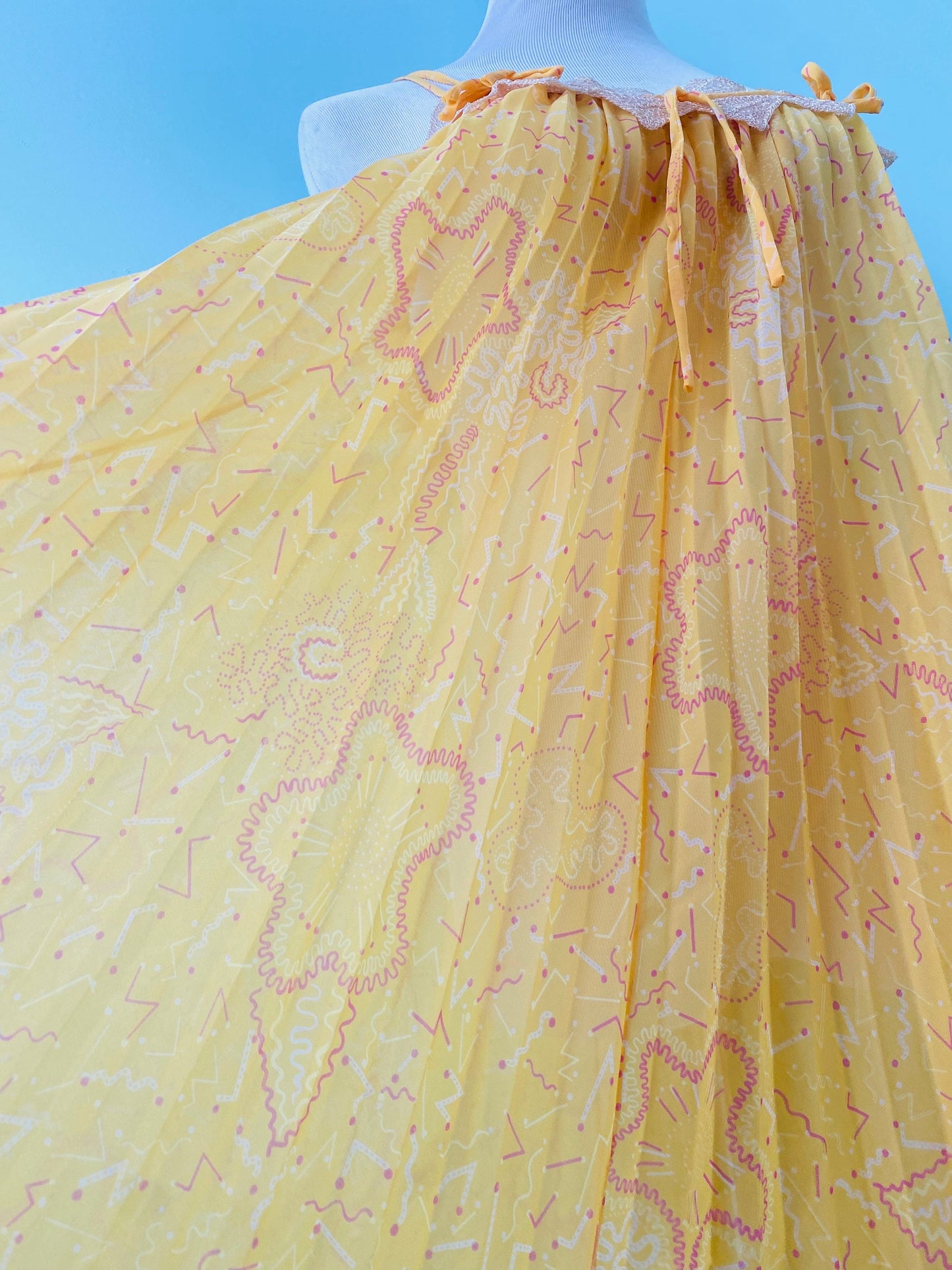 70s Zandra RHODES Yellow Pleated Lace Trimmed Tent Slip Dress