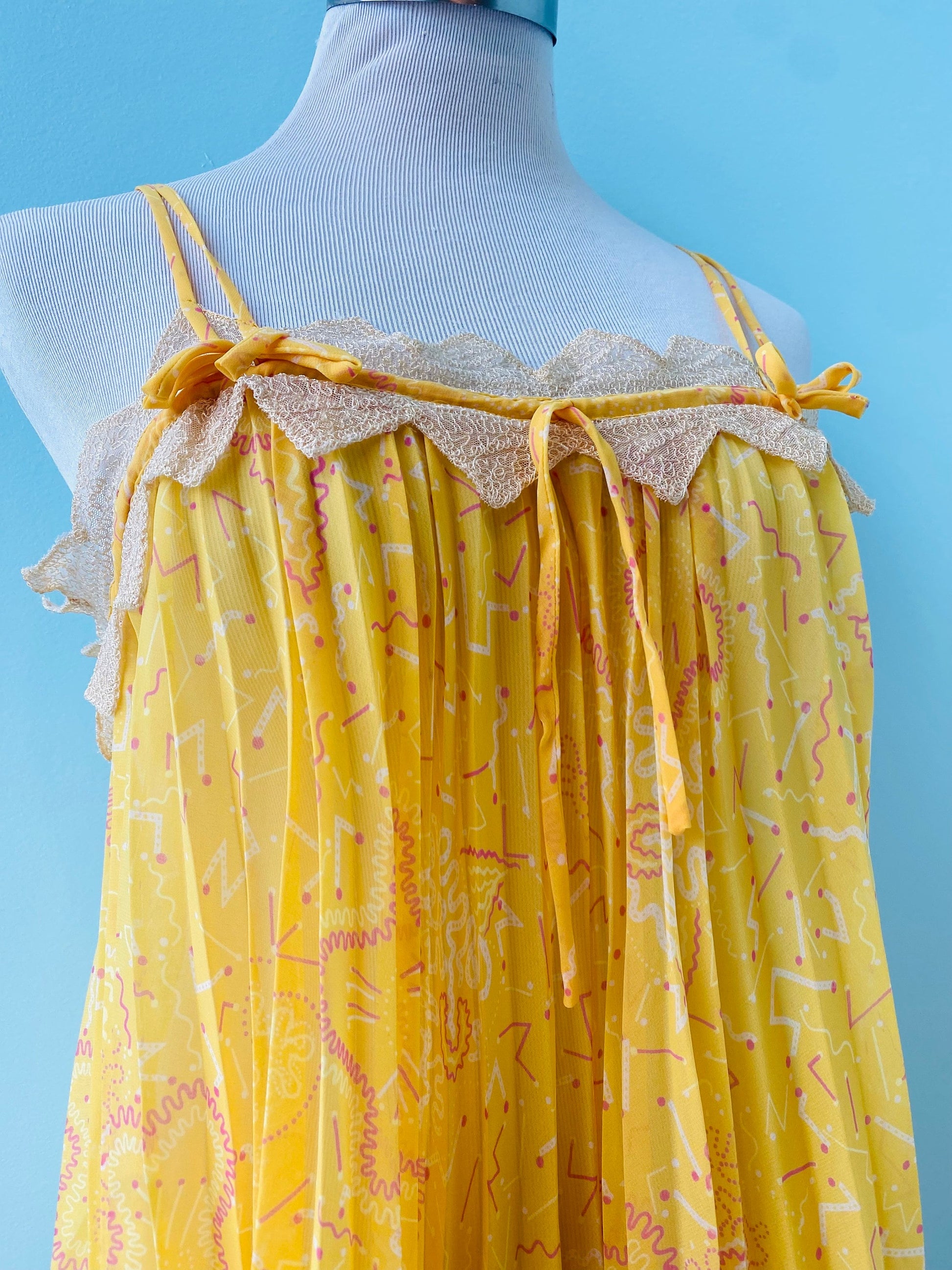 70s Zandra RHODES Yellow Pleated Lace Trimmed Tent Slip Dress