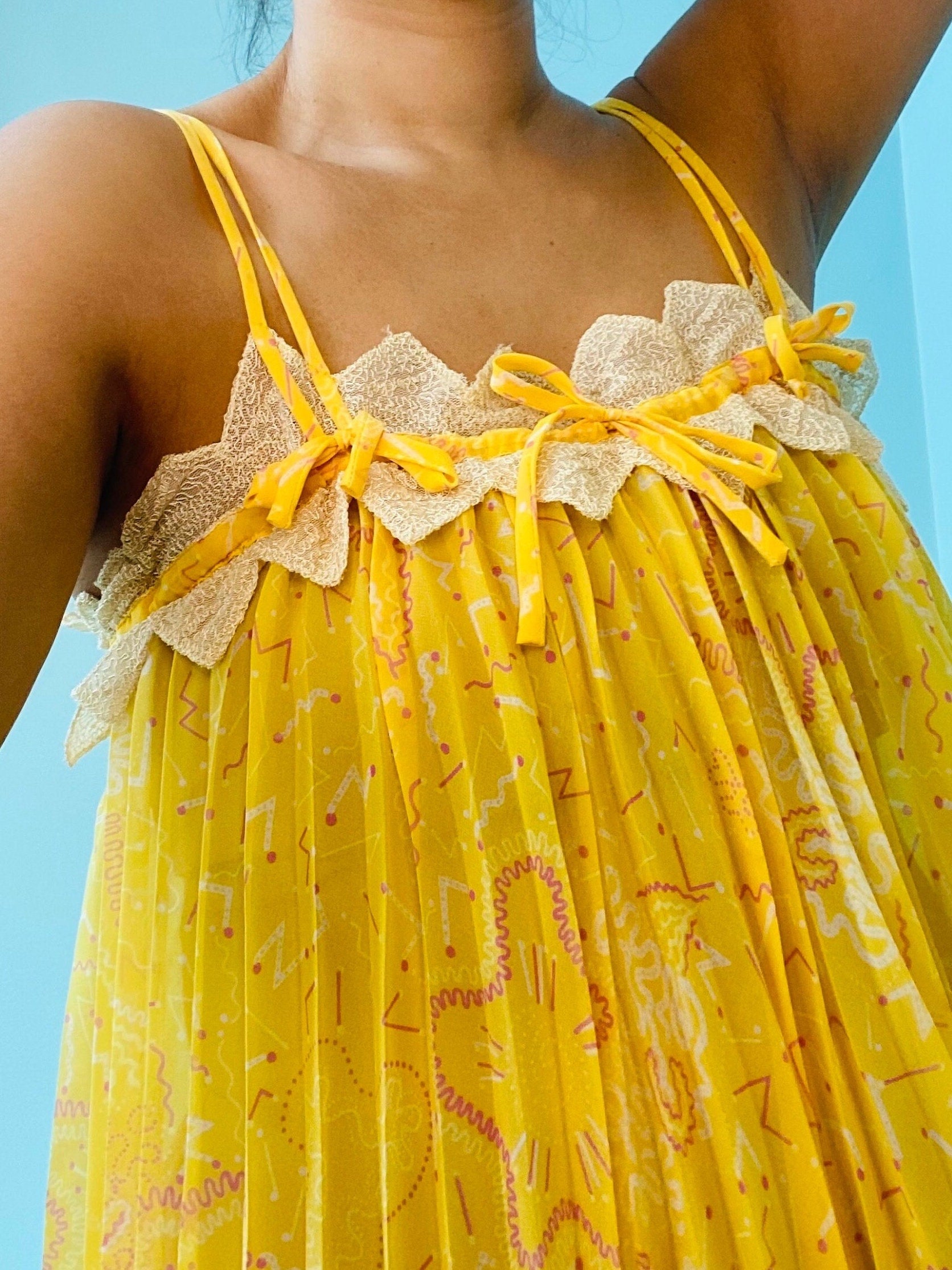 70s Zandra RHODES Yellow Pleated Lace Trimmed Tent Slip Dress