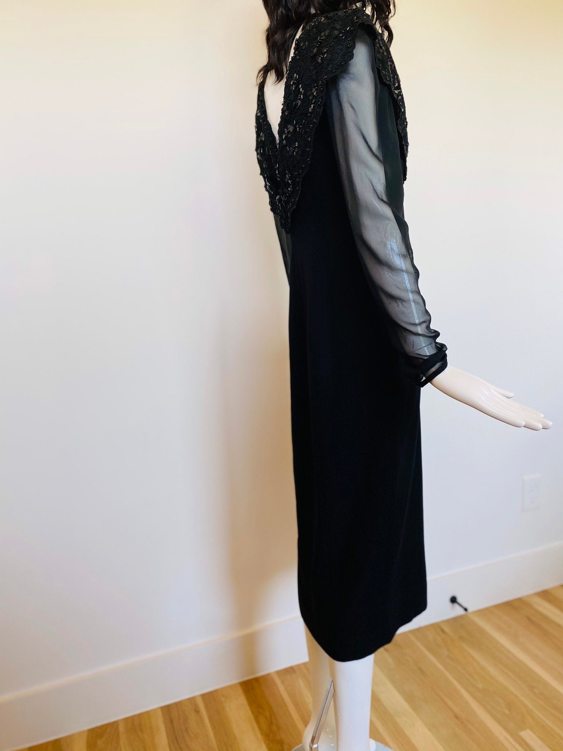 80s Pierre BALMAIN Paris Couture Black Crepe Shift Chiffon Sheer Long Sleeve Lace Beaded Collar High Slit Dress LBD