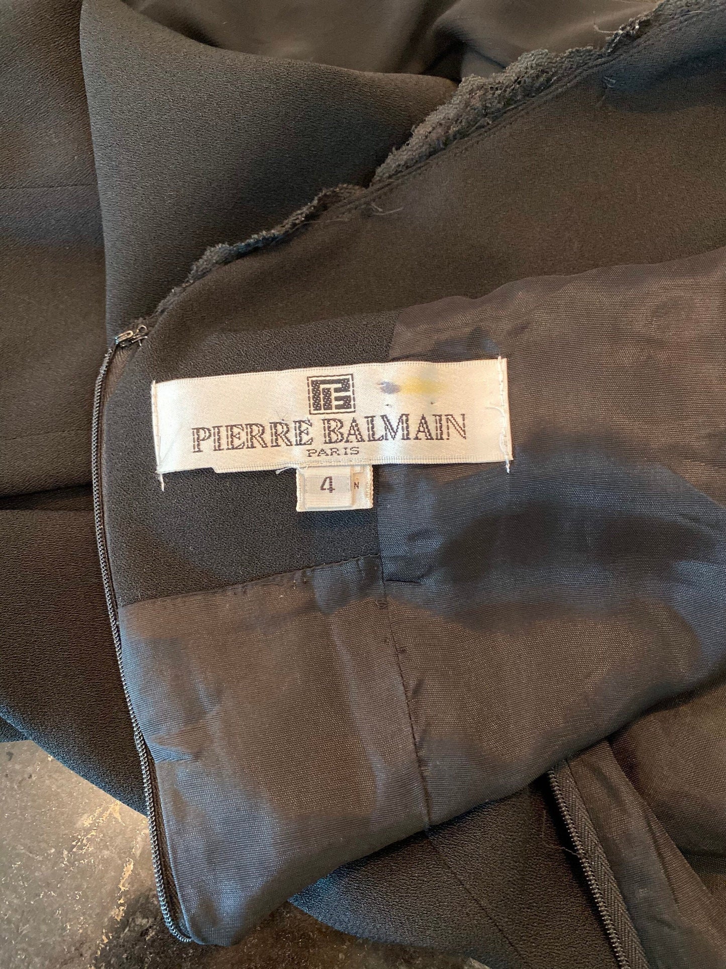 80s Pierre BALMAIN Paris Couture Black Crepe Shift Chiffon Sheer Long Sleeve Lace Beaded Collar High Slit Dress LBD