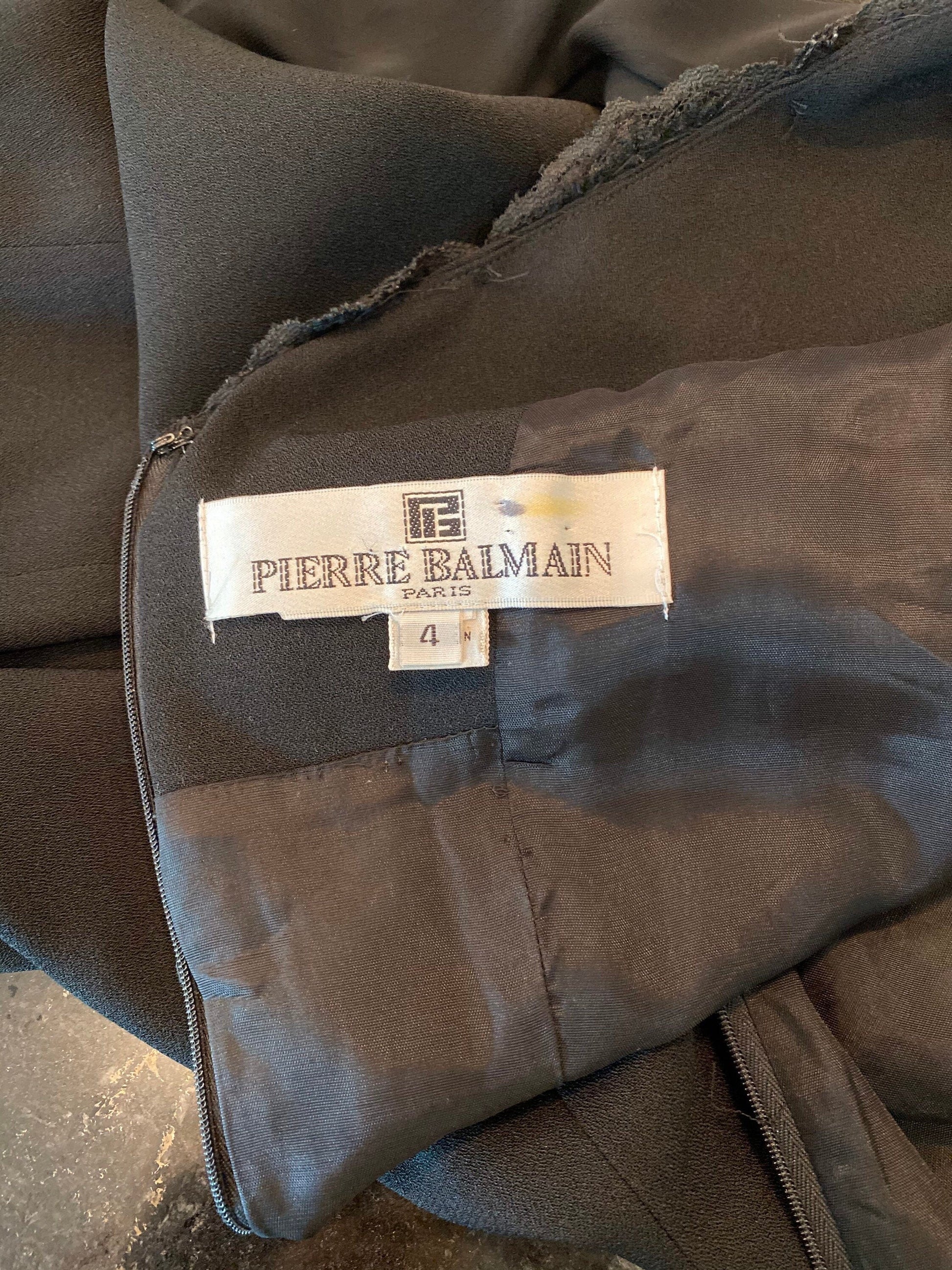 80s Pierre BALMAIN Paris Couture Black Crepe Shift Chiffon Sheer Long Sleeve Lace Beaded Collar High Slit Dress LBD