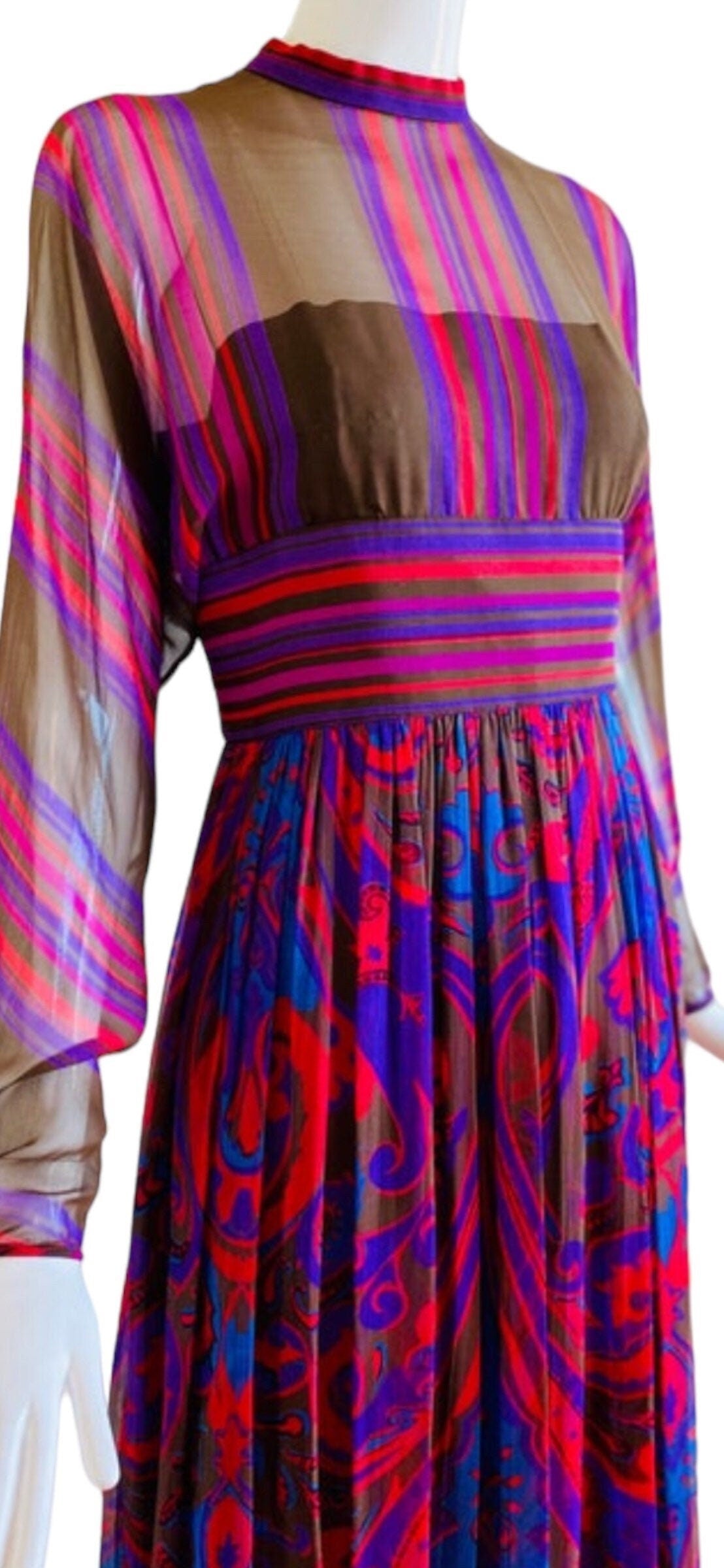 60s Mollie PARNIS Silk Paisley Chiffon Pleated Maxi Dress