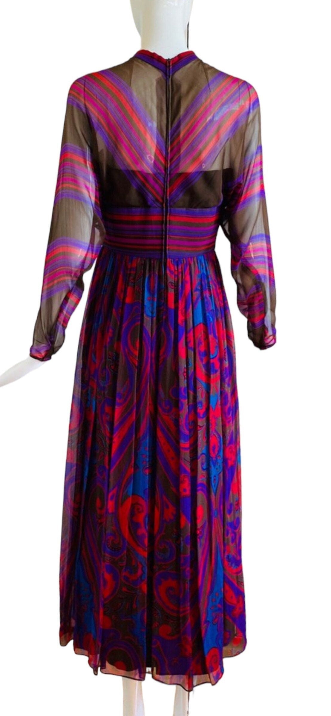 60s Mollie PARNIS Silk Paisley Chiffon Pleated Maxi Dress