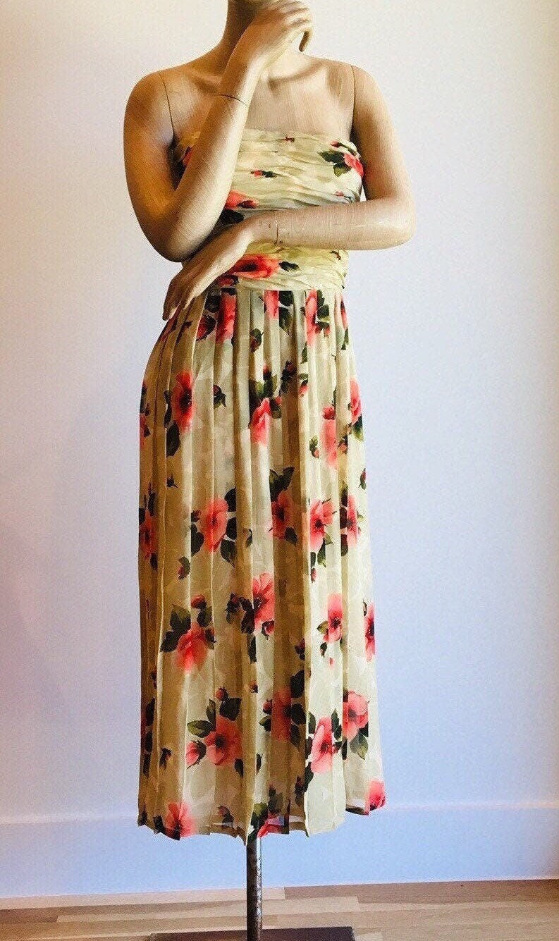 Vintage Bill Blass Silk Chiffon Floral Dress Strapless Boned Bodice Pleated Hibiscus Dress 26&quot; Waist
