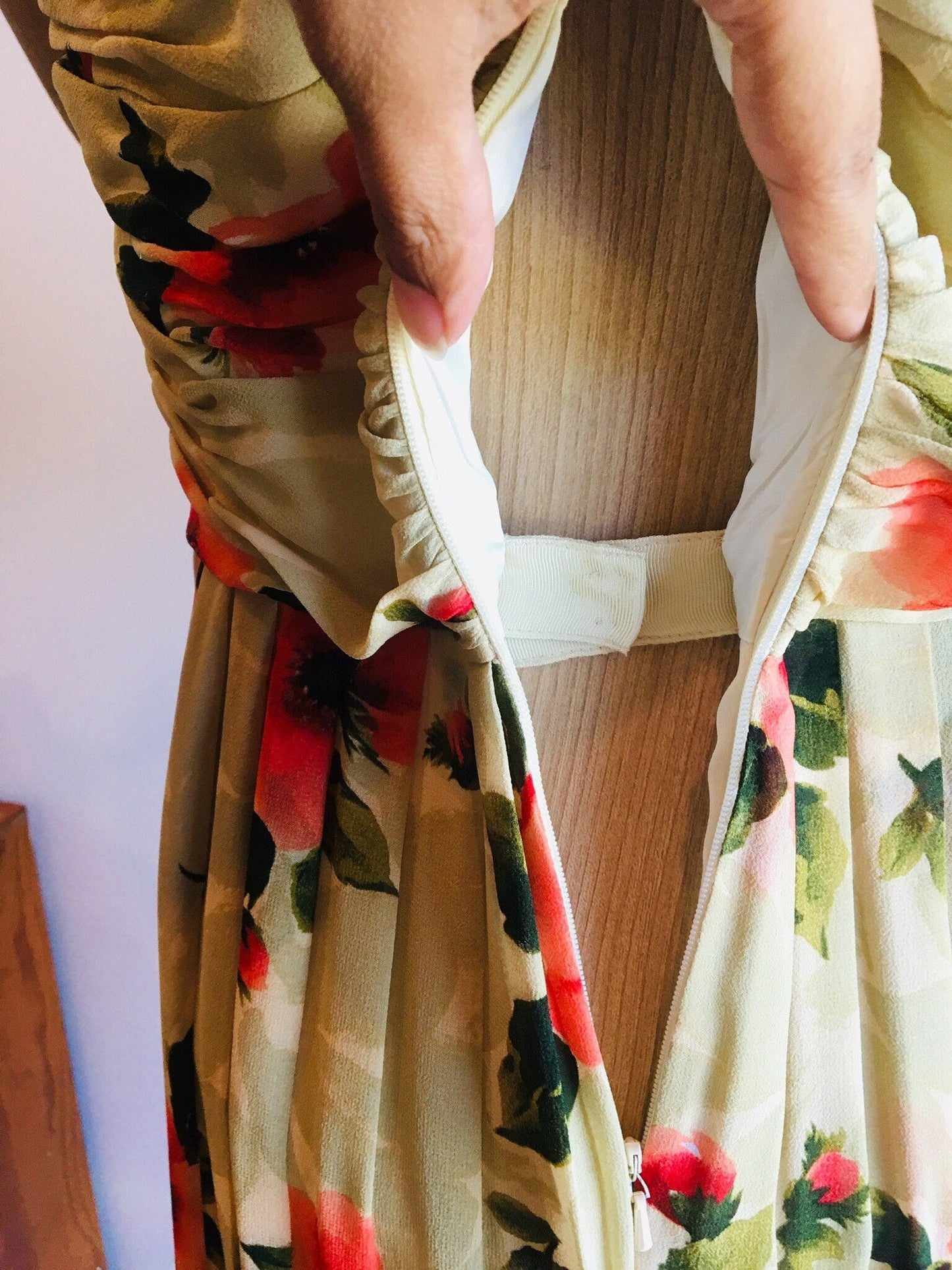 Vintage Bill Blass Silk Chiffon Floral Dress Strapless Boned Bodice Pleated Hibiscus Dress 26&quot; Waist