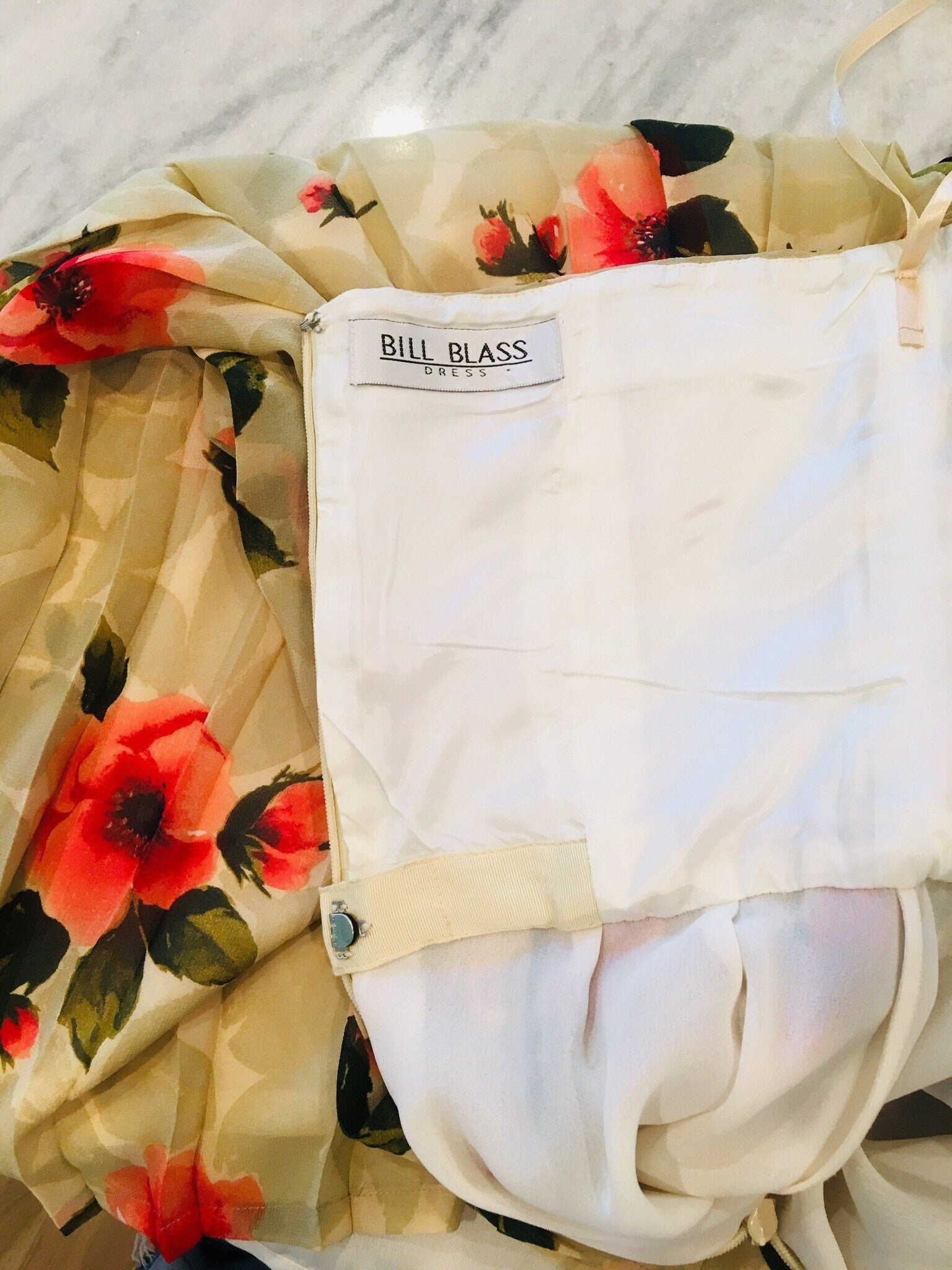 Vintage Bill Blass Silk Chiffon Floral Dress Strapless Boned Bodice Pleated Hibiscus Dress 26&quot; Waist