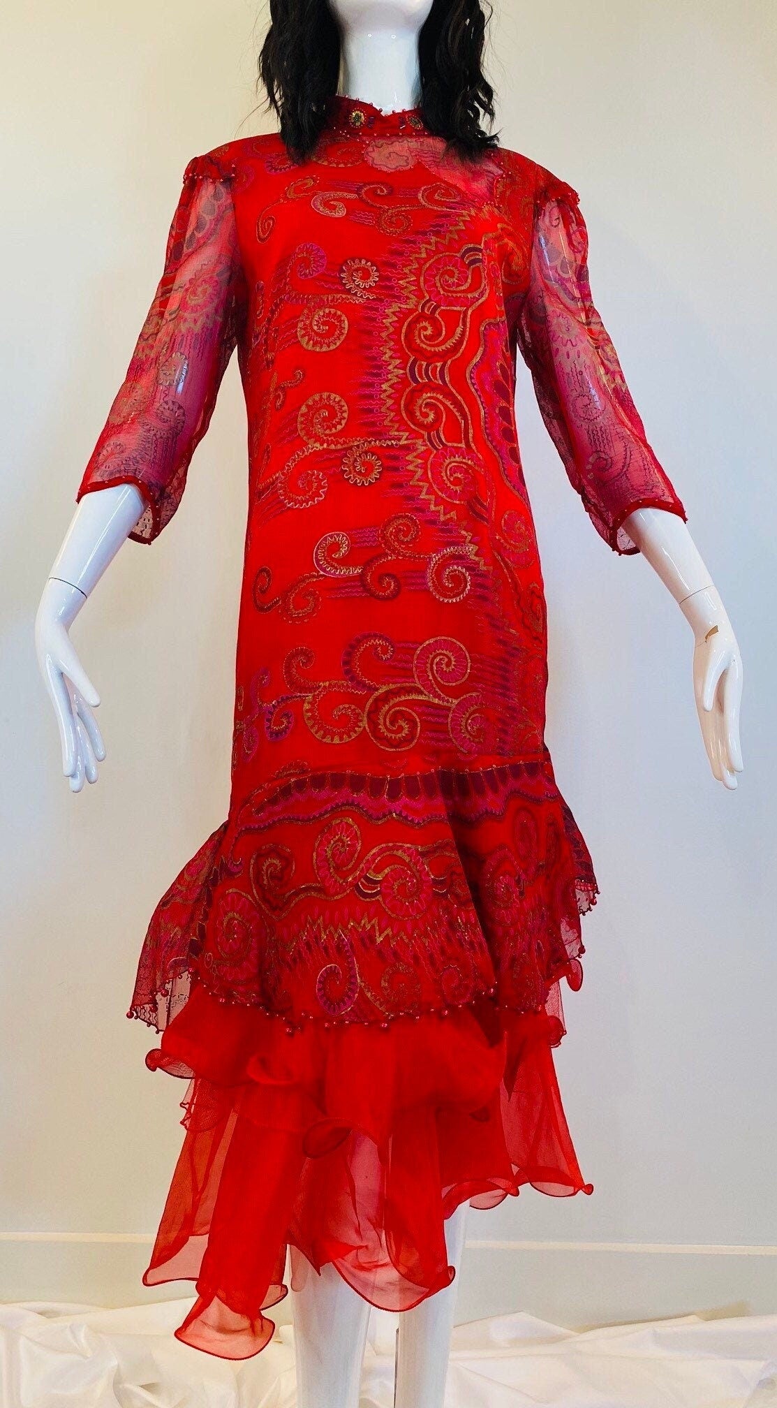 Vintage 80s Red Vibrant Zandra Rhodes Silk Tulle Party Dress Vintage Couture