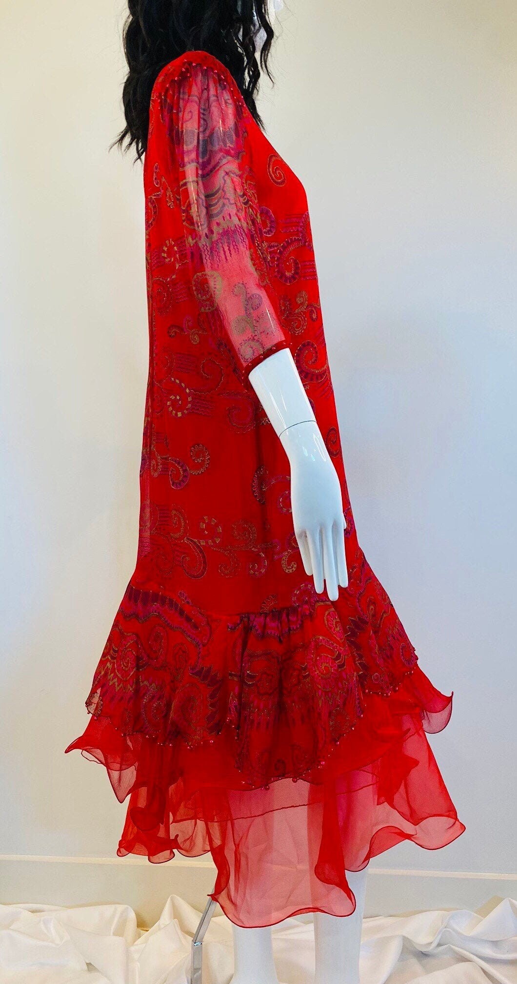 Vintage 80s Red Vibrant Zandra Rhodes Silk Tulle Party Dress Vintage Couture