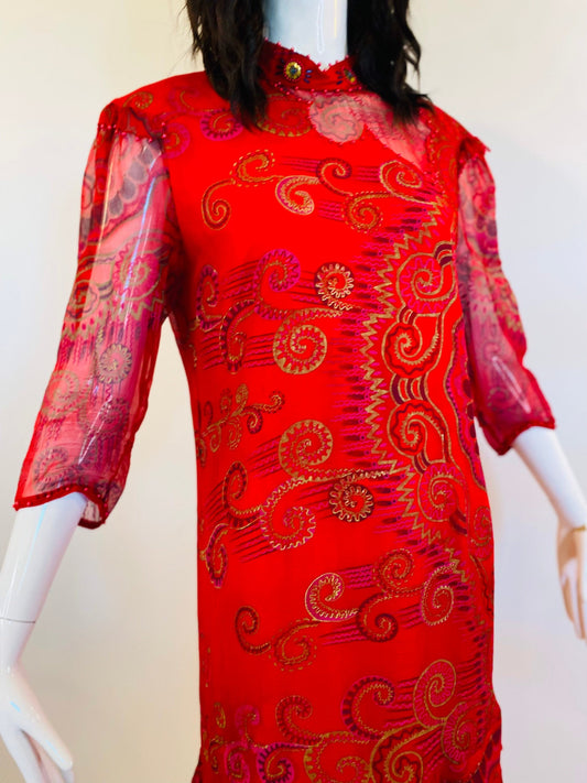 Vintage 80s Red Vibrant Zandra Rhodes Silk Tulle Party Dress Vintage Couture