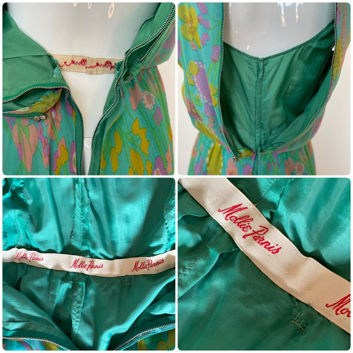 60s Mollie PARNIS Psychedelic Floral Silk Chiffon Full Skirt Sleeveless Dress
