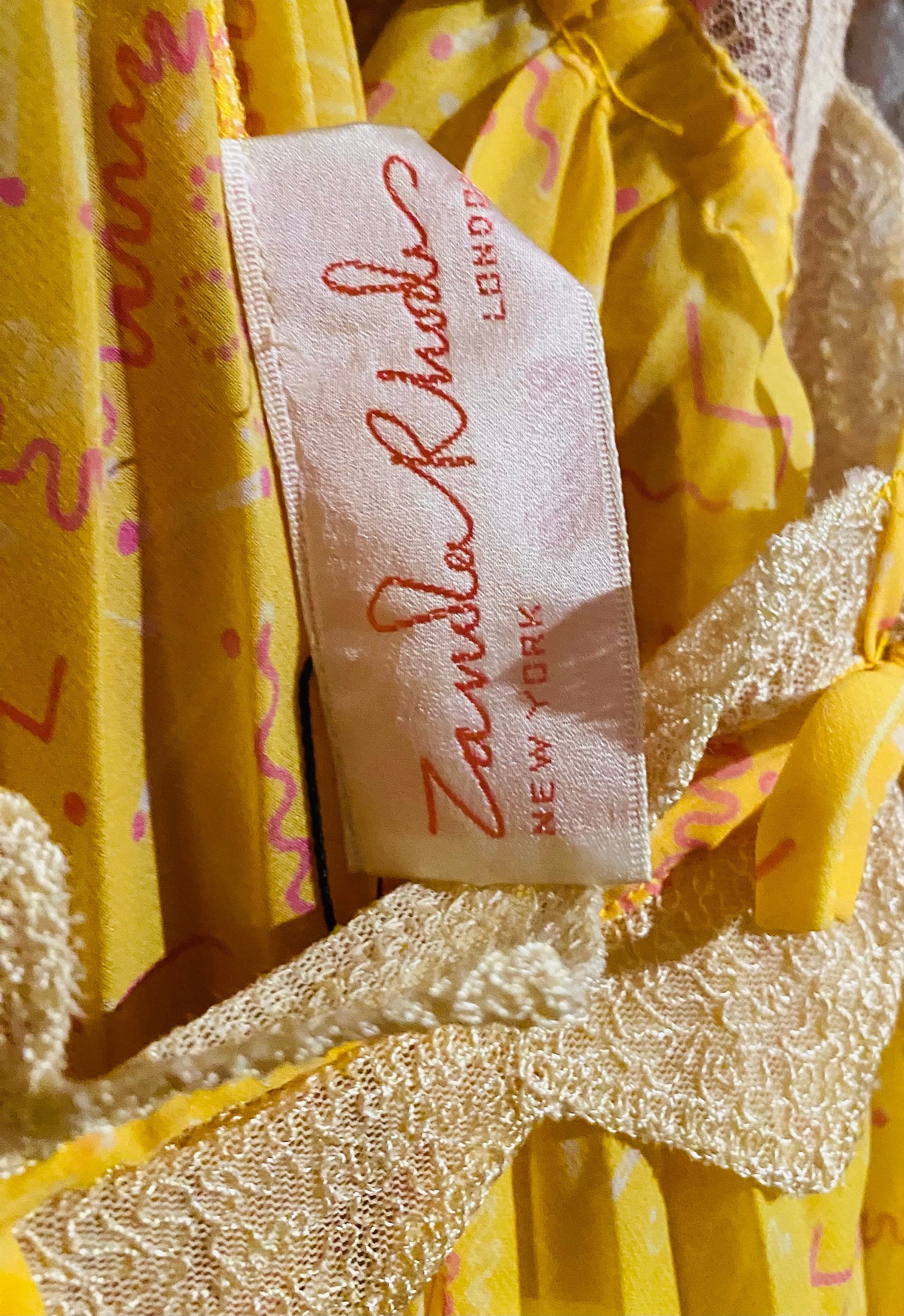 70s Zandra RHODES Yellow Pleated Lace Trimmed Tent Slip Dress