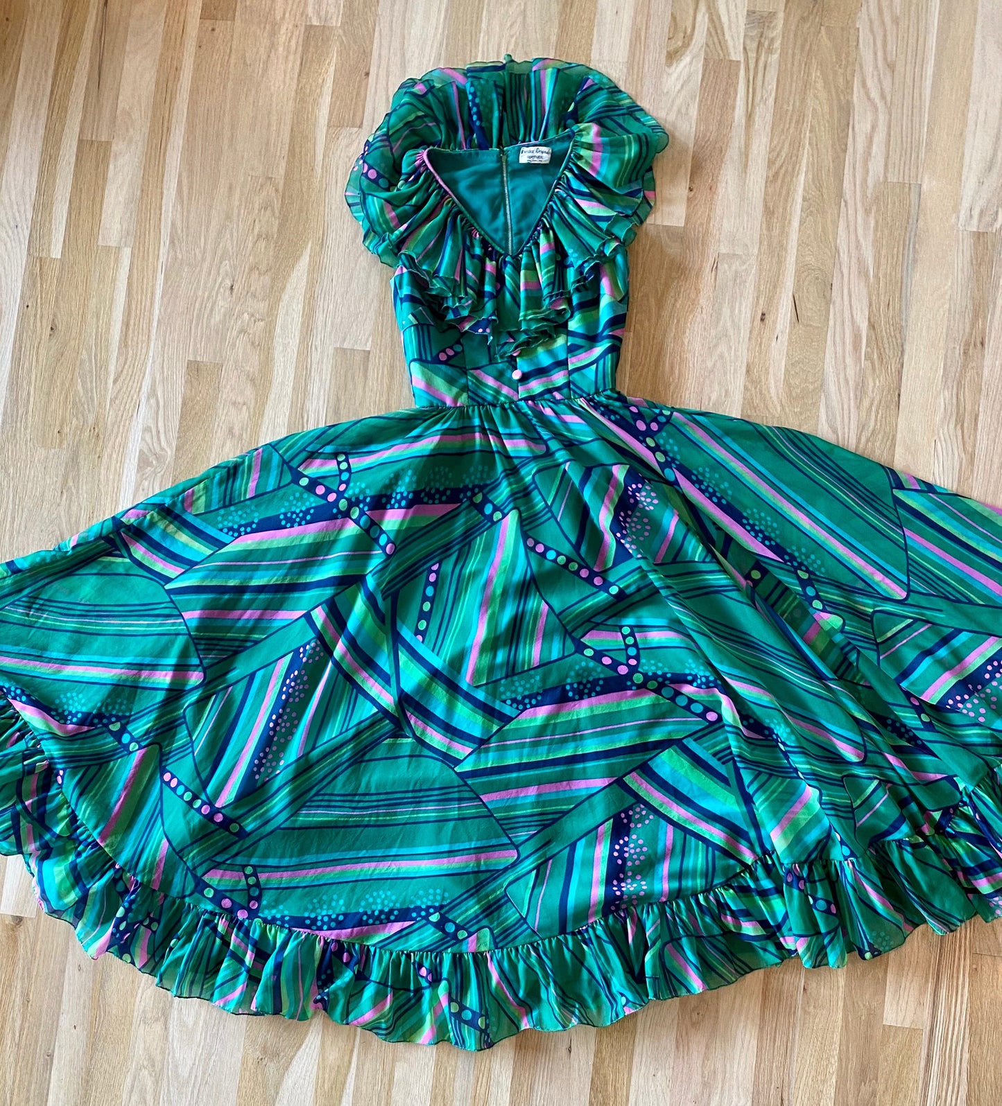 60s Luis Fuentes Ruffled Green Psychedelic Print Dress