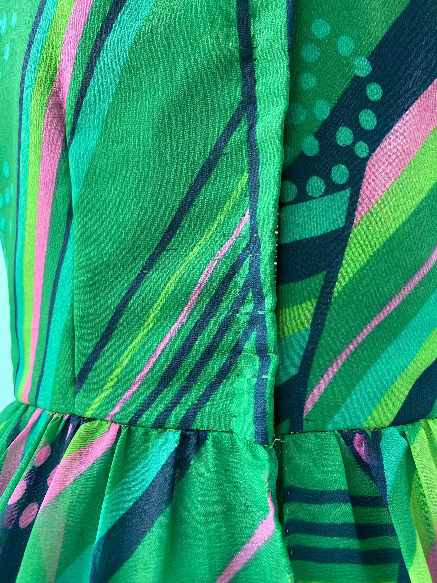 60s Luis Fuentes Ruffled Green Psychedelic Print Dress
